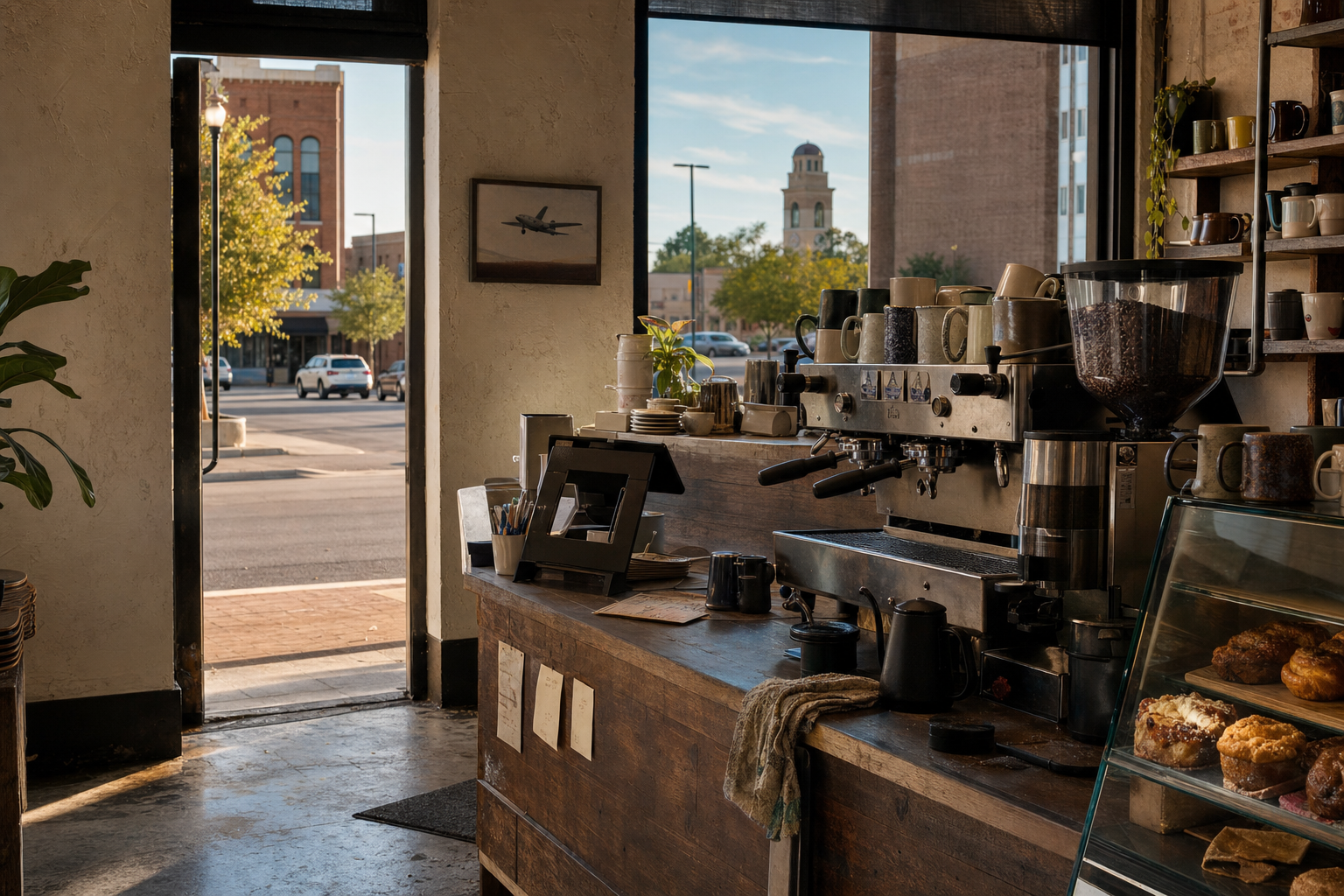 Independent Abilene coffee shop interior with Hill Country morning light, drip station in the corner