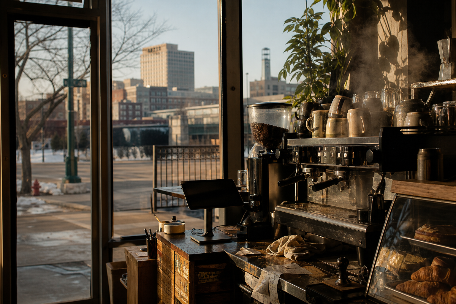 Independent Akron coffee shop interior with Midwest hardwood morning light, espresso machine in the corner