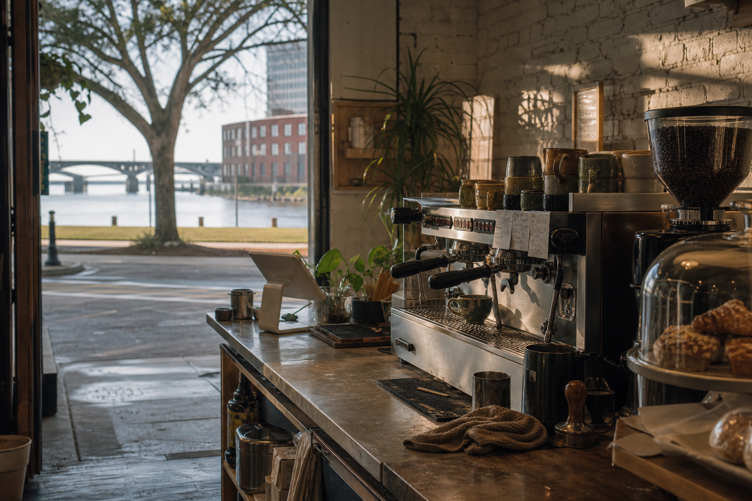 Independent Albany coffee shop interior with red-clay morning light, chemex pour-over in the middle distance