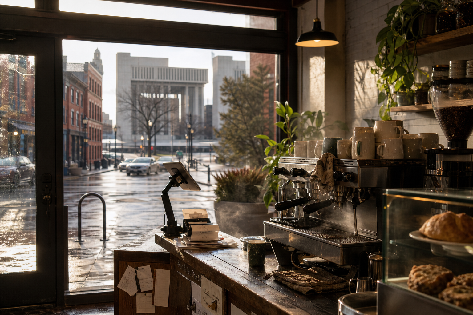 Albany coffee shop interior with NY morning light around the espresso bar.
