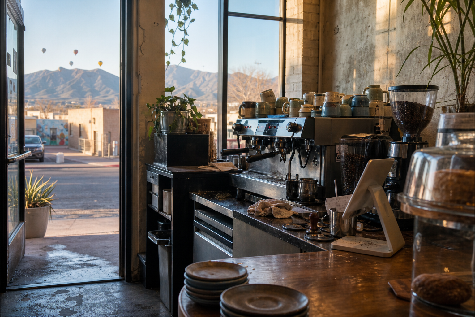 An Albuquerque coffee shop with New Mexico morning light at the espresso bar.