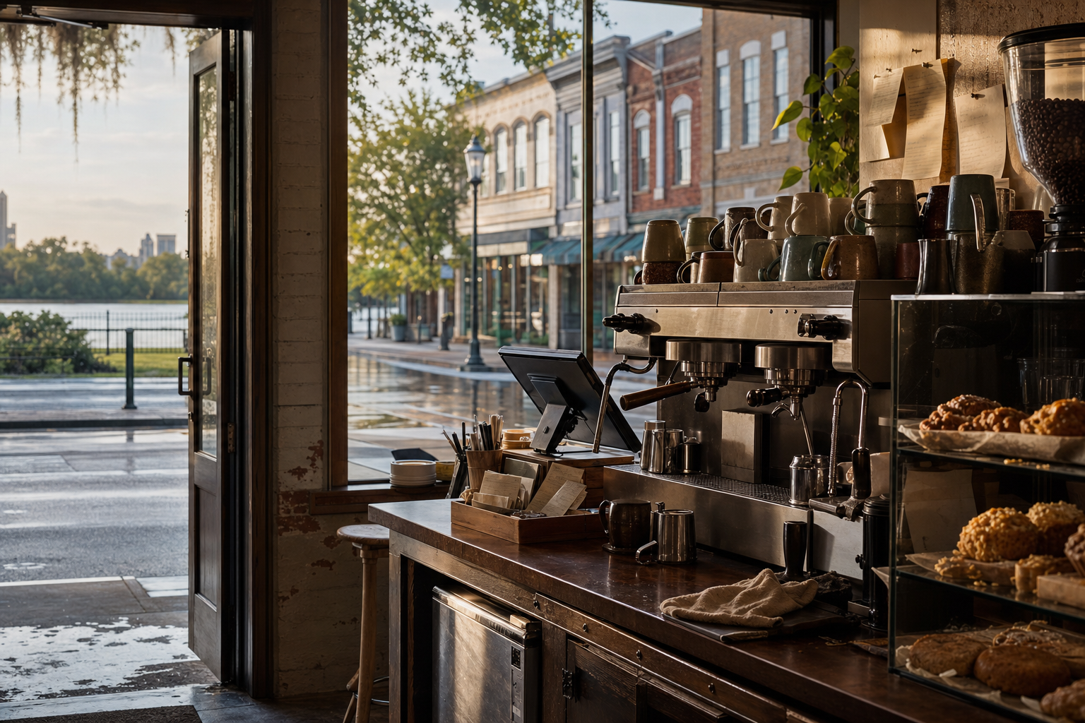 Independent Alexandria coffee shop interior with humid Gulf morning light, drip station in the foreground