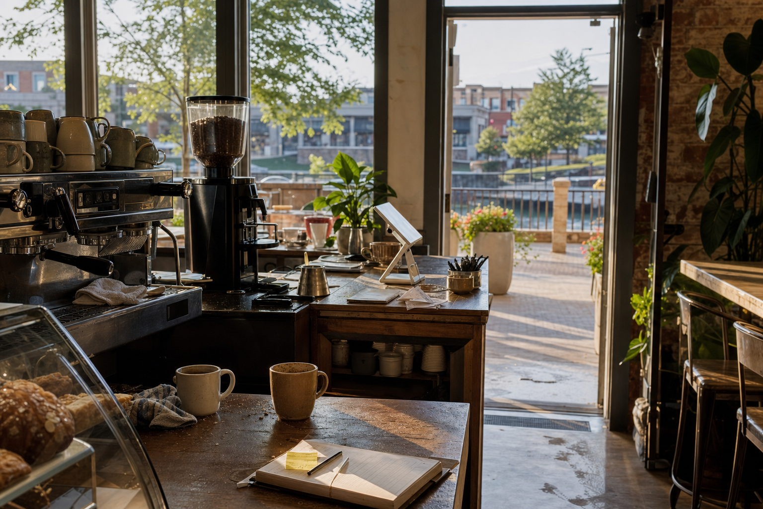 Independent Allen coffee shop interior with Hill Country morning light, espresso machine in the foreground