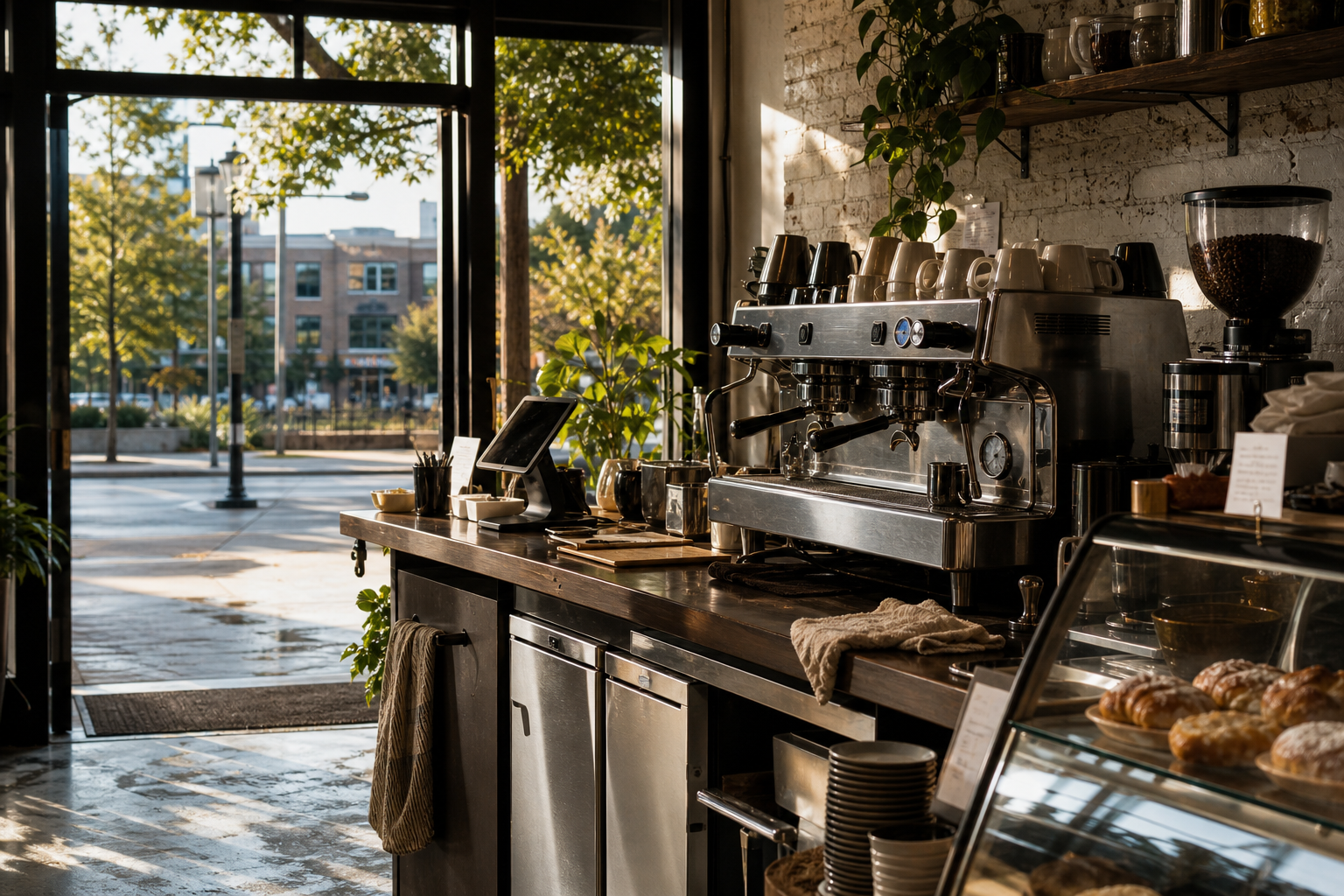 Independent Alpharetta coffee shop interior with red-clay morning light, espresso machine in the foreground