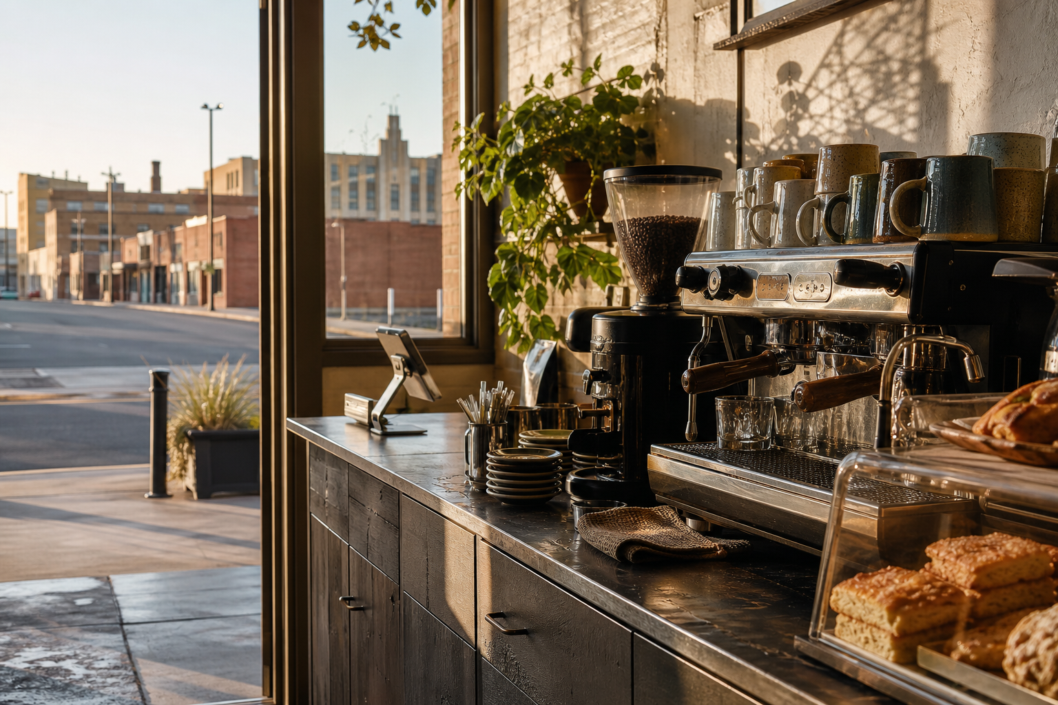 Independent Amarillo coffee shop interior with Hill Country morning light, drip station in the middle distance