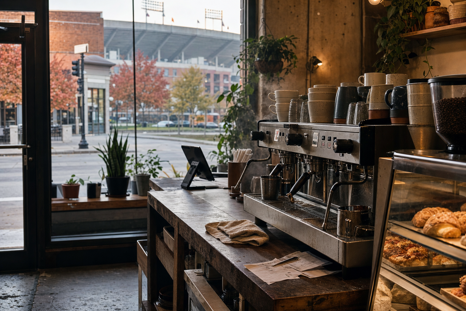 Independent Ames coffee shop interior with Midwest hardwood morning light, espresso machine in the corner