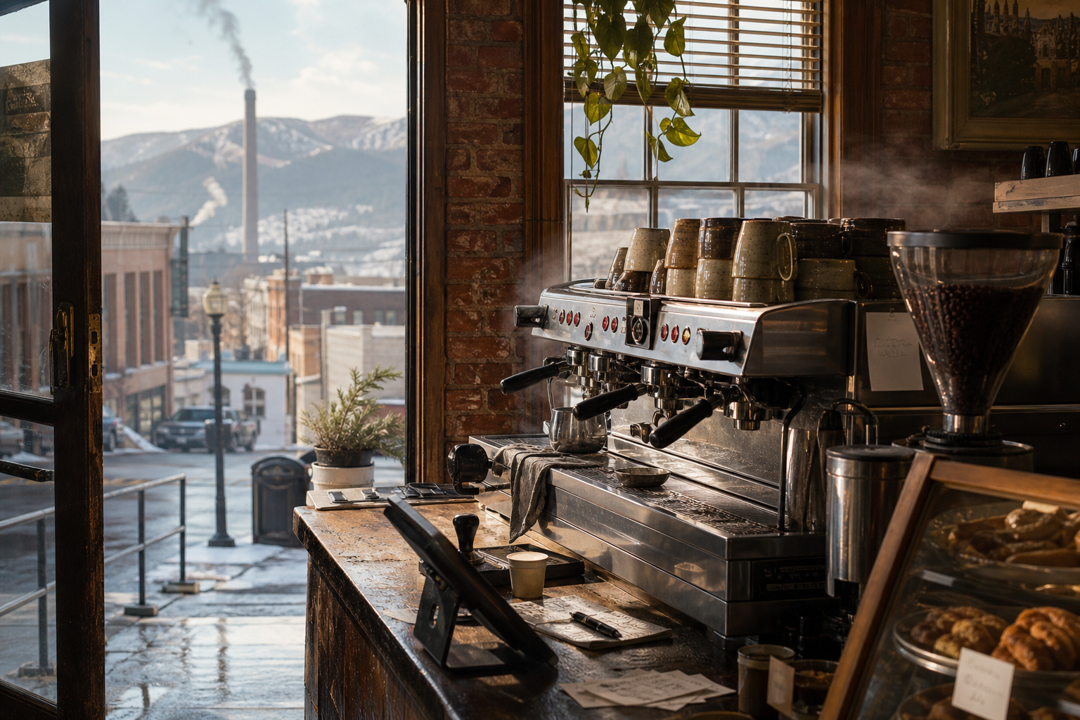 Independent Anaconda coffee shop interior with Rocky Mountain morning light, drip station in the corner