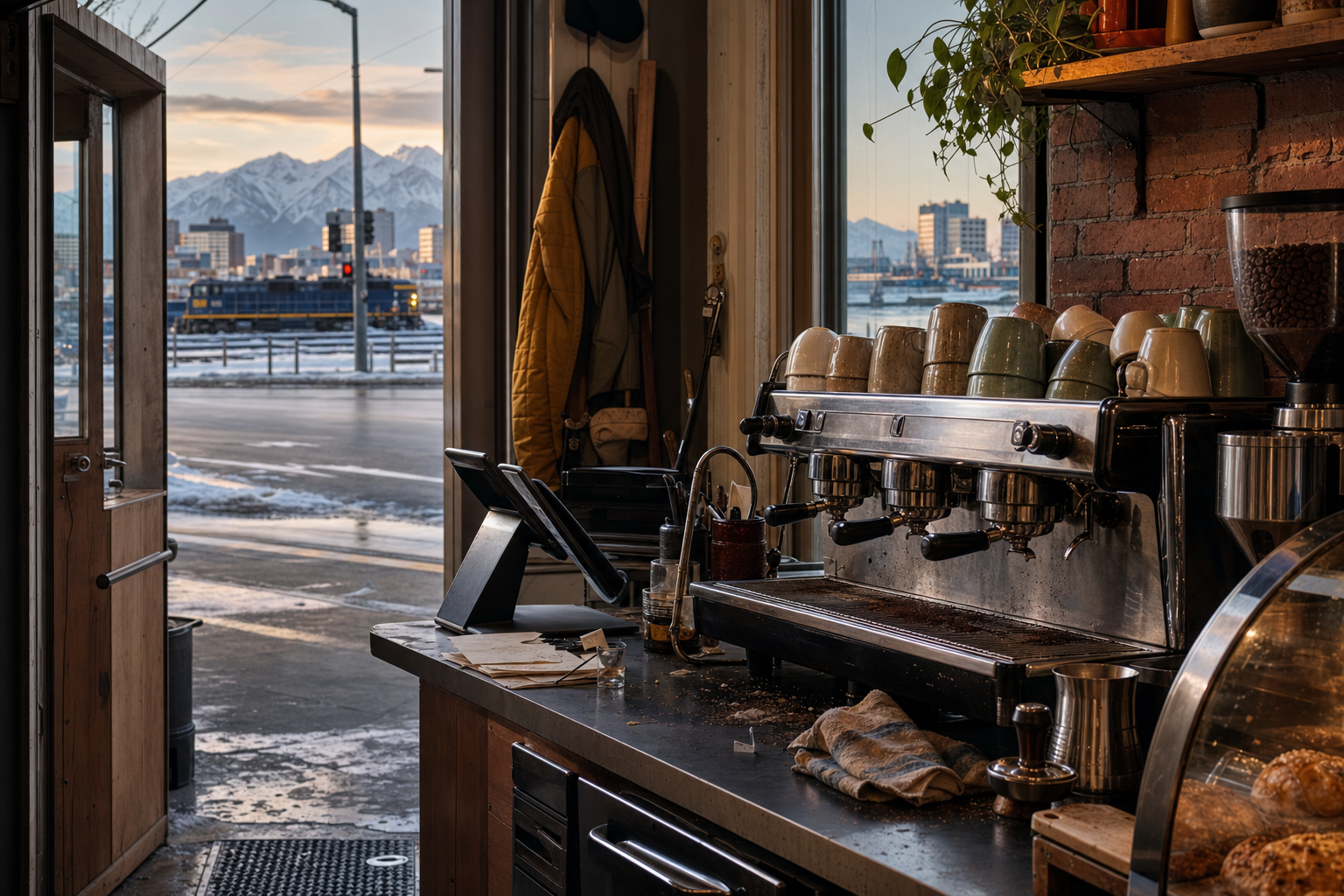 Independent Anchorage coffee shop interior with fog-filtered coastal morning light, pastry case in the corner