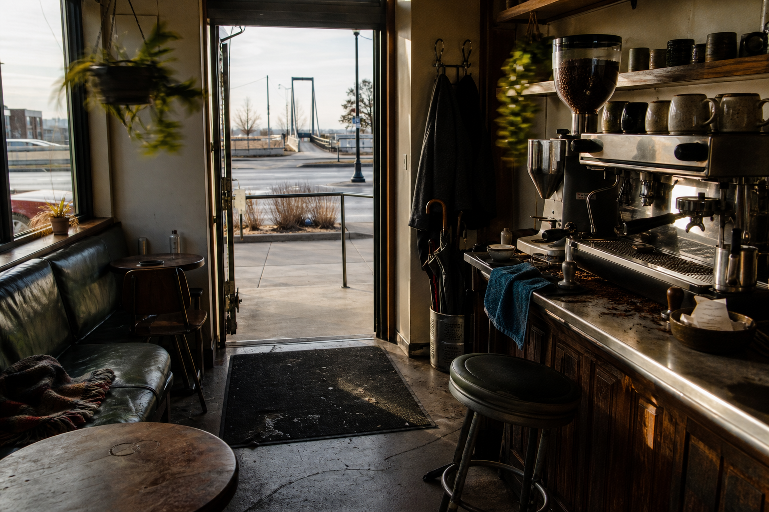 Independent Ankeny coffee shop interior with Midwest hardwood morning light, chemex pour-over in the foreground