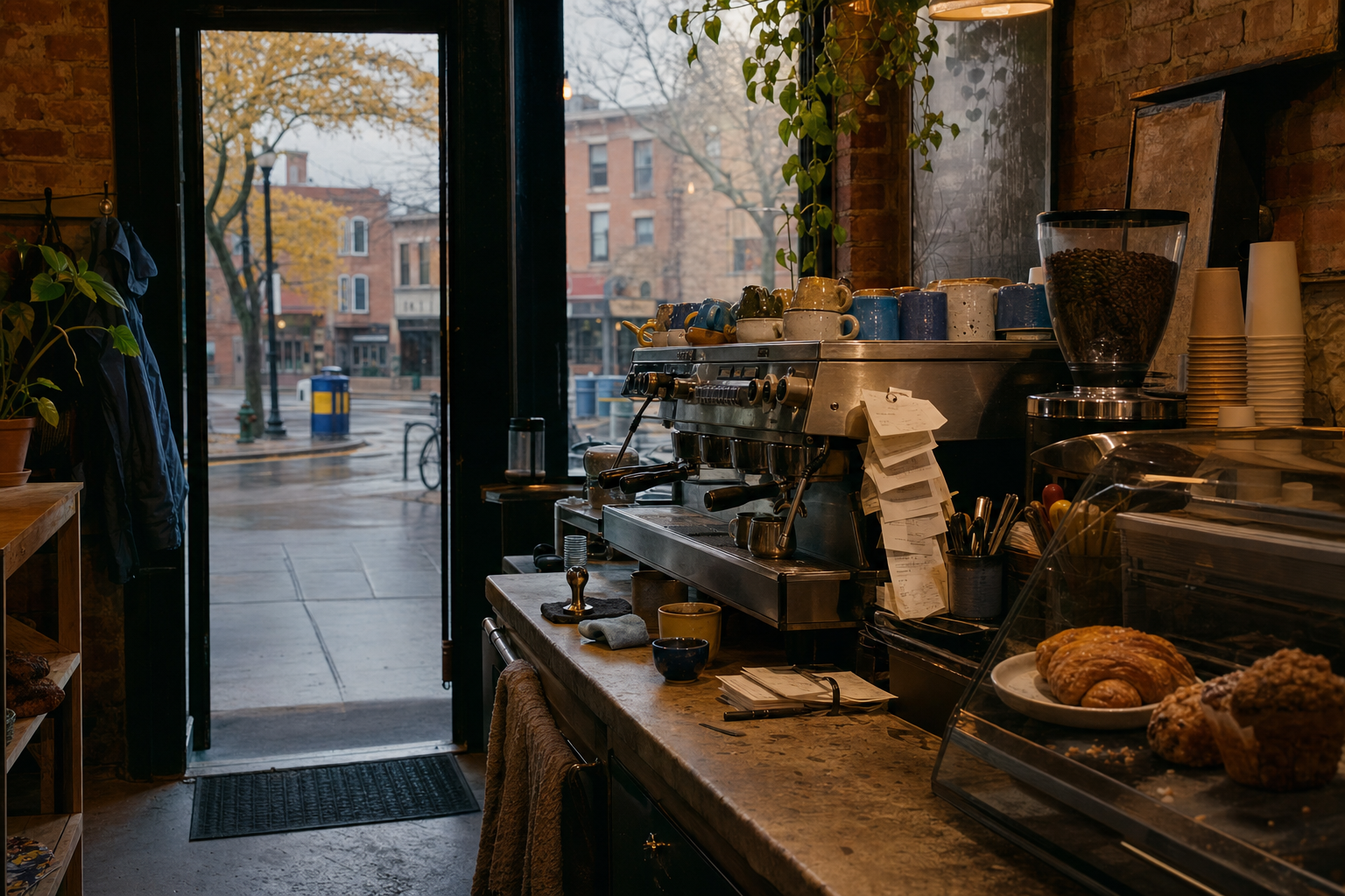 Independent Ann Arbor coffee shop interior with Great Lakes morning light, pastry case in the middle distance