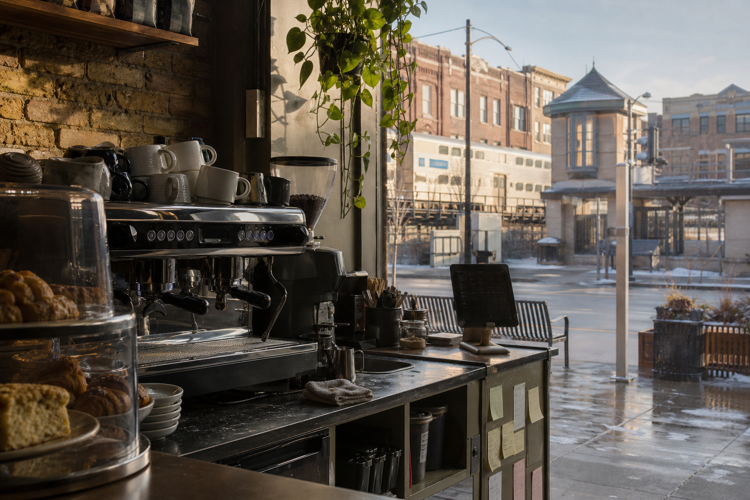 Independent Arlington Heights coffee shop interior with Midwest hardwood morning light, chemex pour-over in the corner