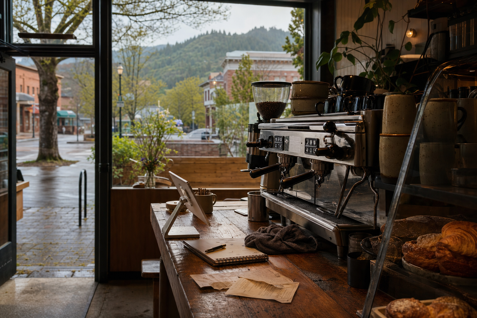 Independent Ashland coffee shop interior with fog-filtered morning light, drip station in the middle distance