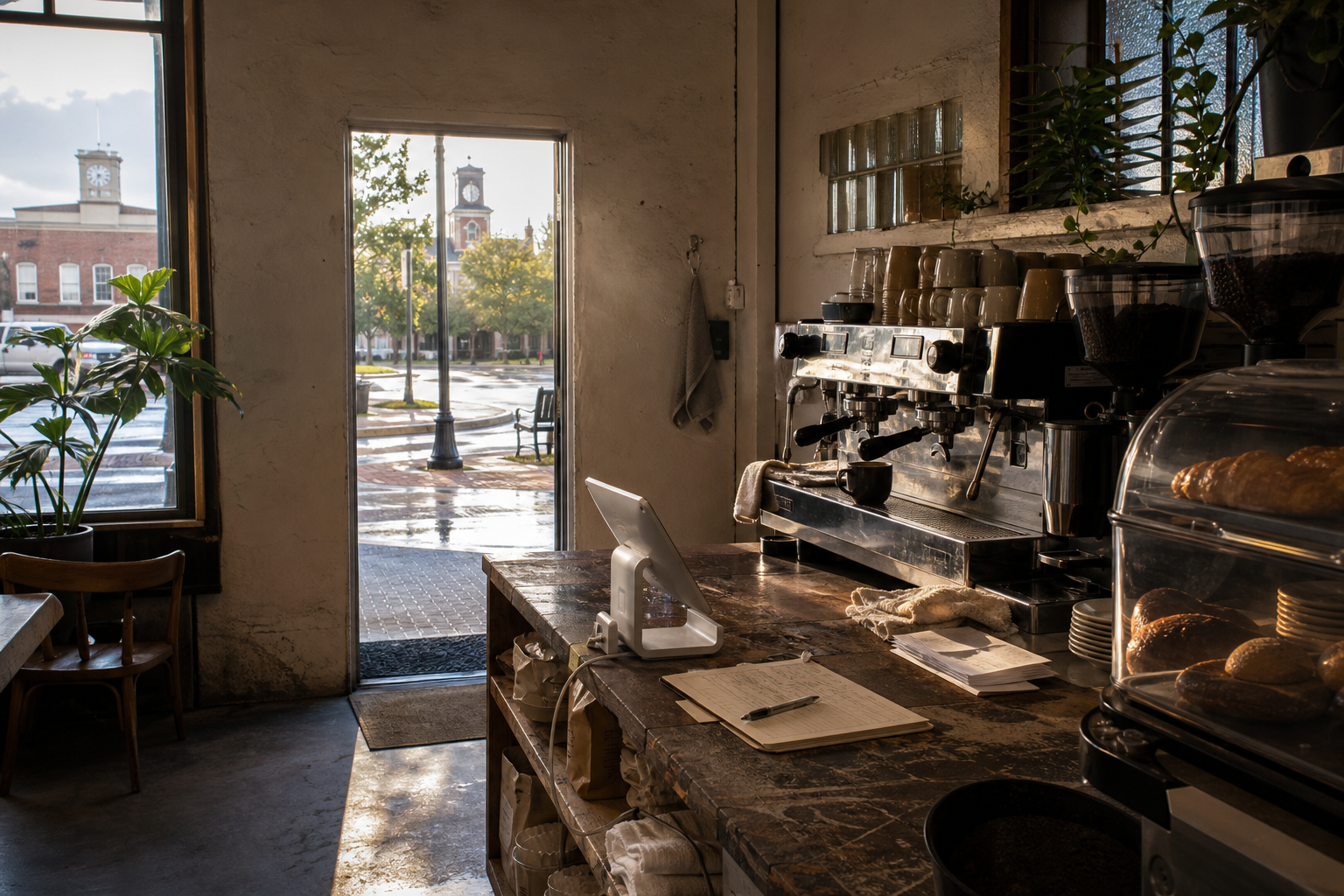 Independent Athens coffee shop interior with humid Southern morning light, drip station in the foreground