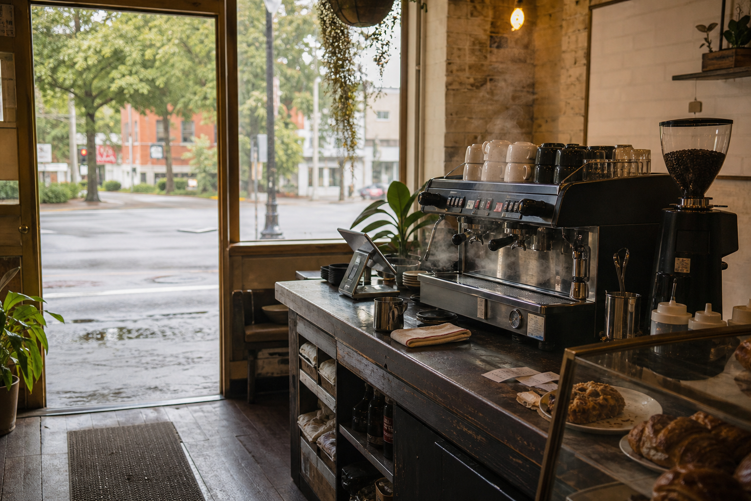 Independent Athens coffee shop interior with red-clay morning light, drip station in the middle distance