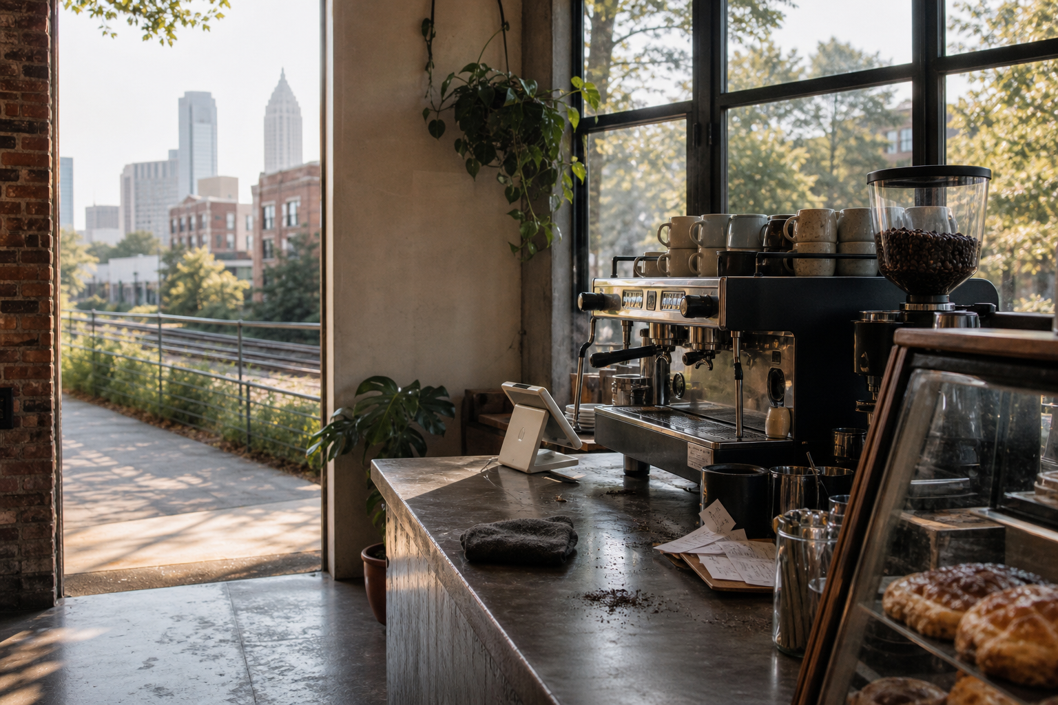 Independent Georgia coffee shop interior, warm morning light, espresso machine on the bar