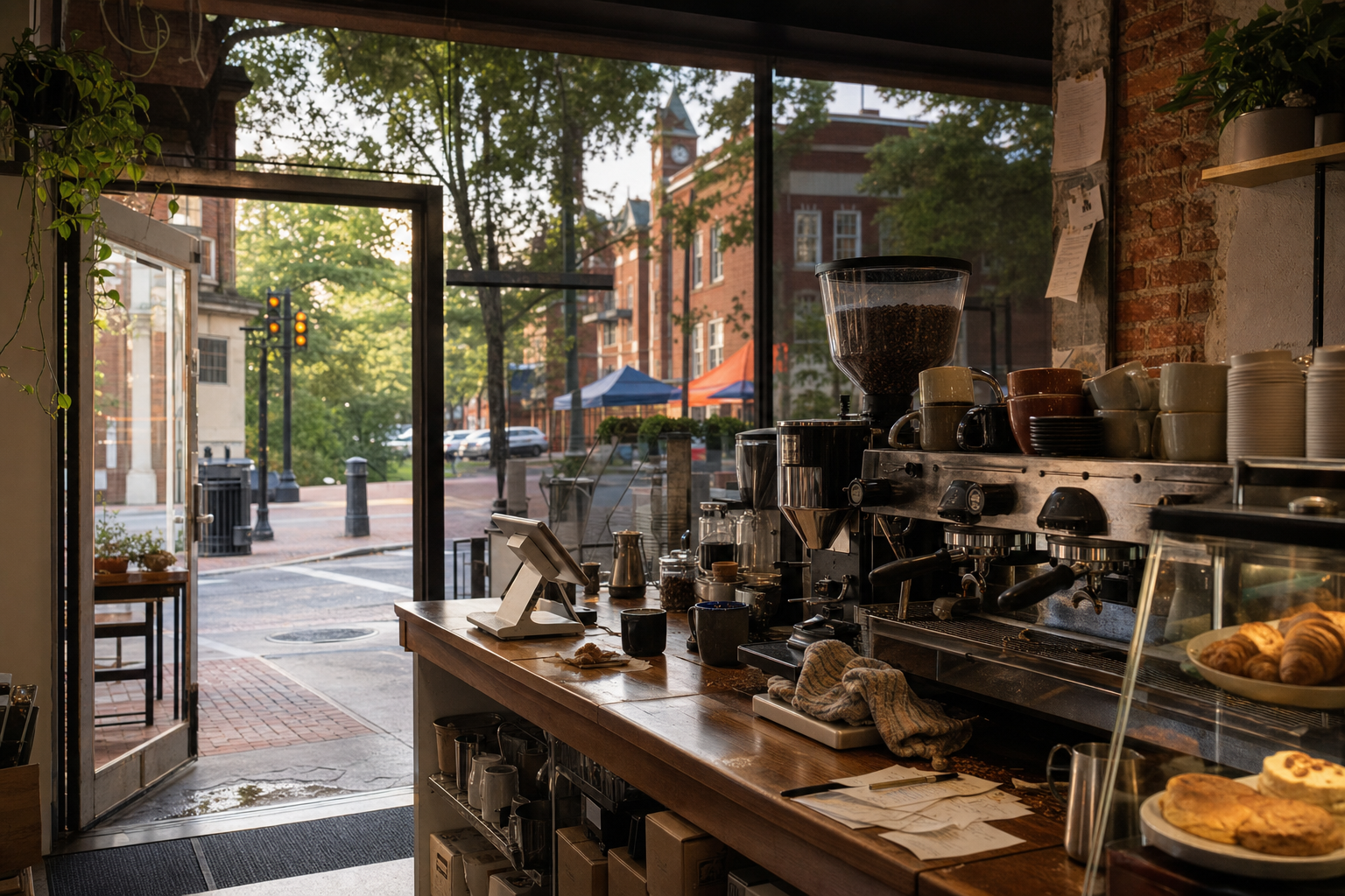 Independent Auburn coffee shop interior with humid Southern morning light, pastry case in the middle distance