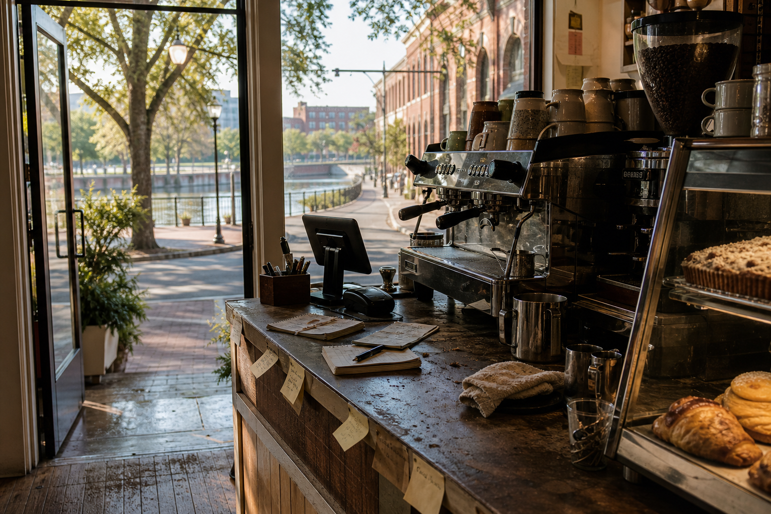 Independent Augusta coffee shop interior with red-clay morning light, espresso machine in the corner