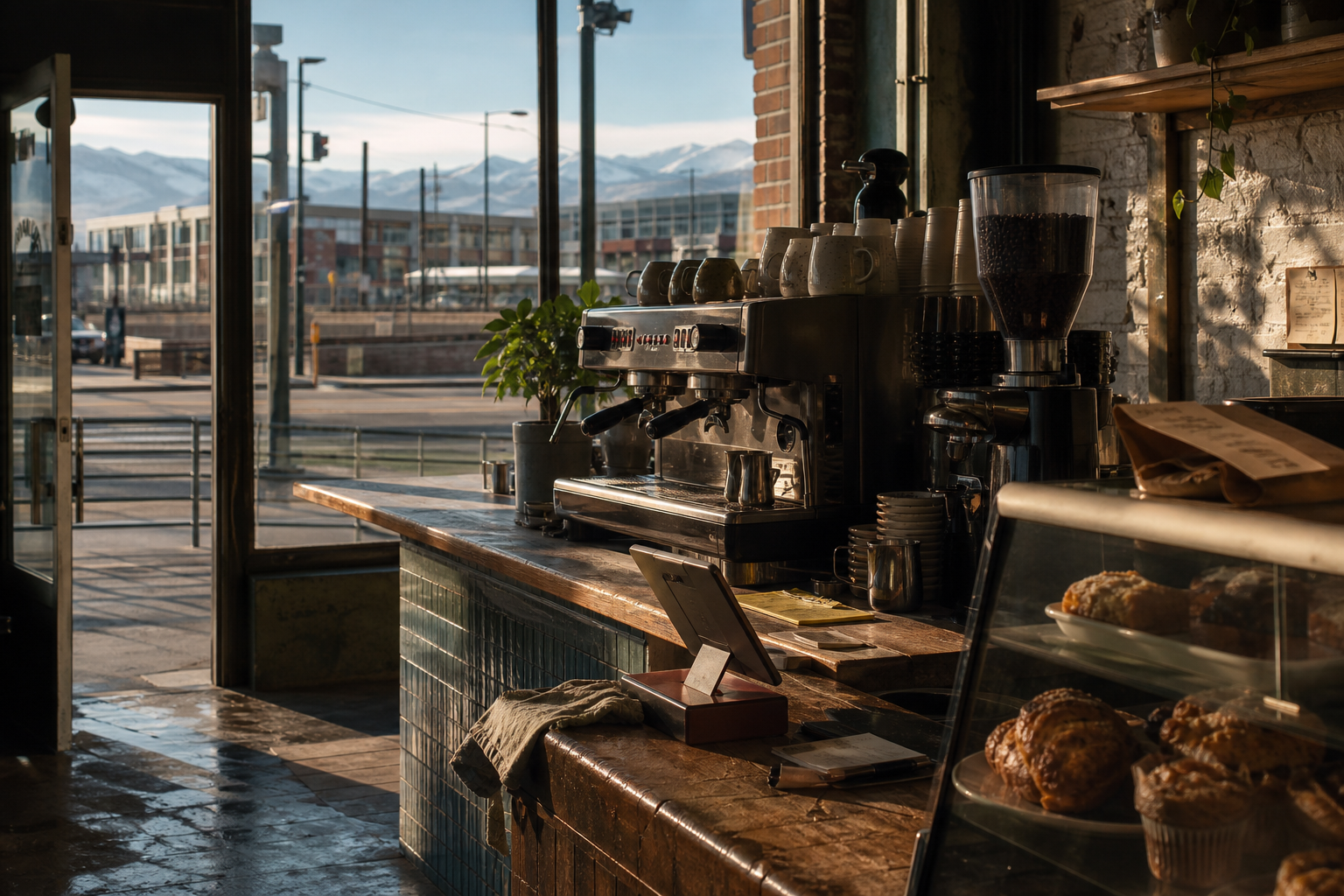 Independent Aurora coffee shop interior with warm Front Range morning light, pastry case in the foreground