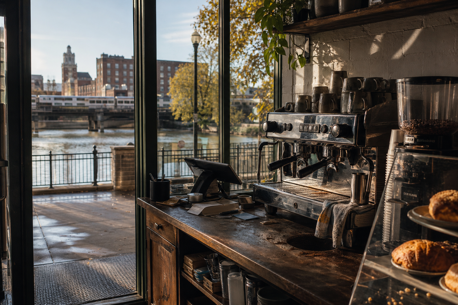 Independent Aurora coffee shop interior with Midwest hardwood morning light, chemex pour-over in the middle distance