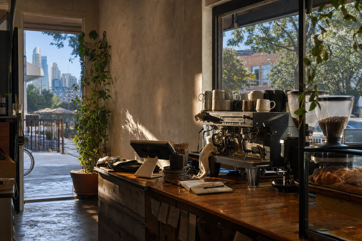 Independent Texas coffee shop interior, warm morning light through the window, espresso machine on the bar
