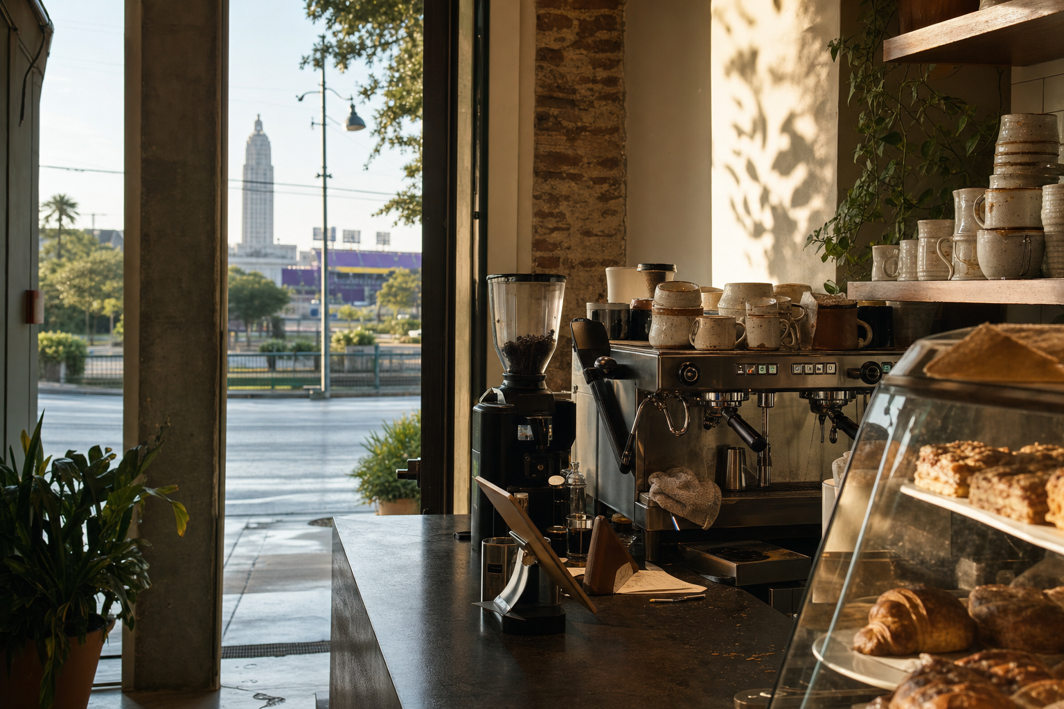 Independent Baton Rouge coffee shop interior with humid Gulf morning light, pastry case in the middle distance