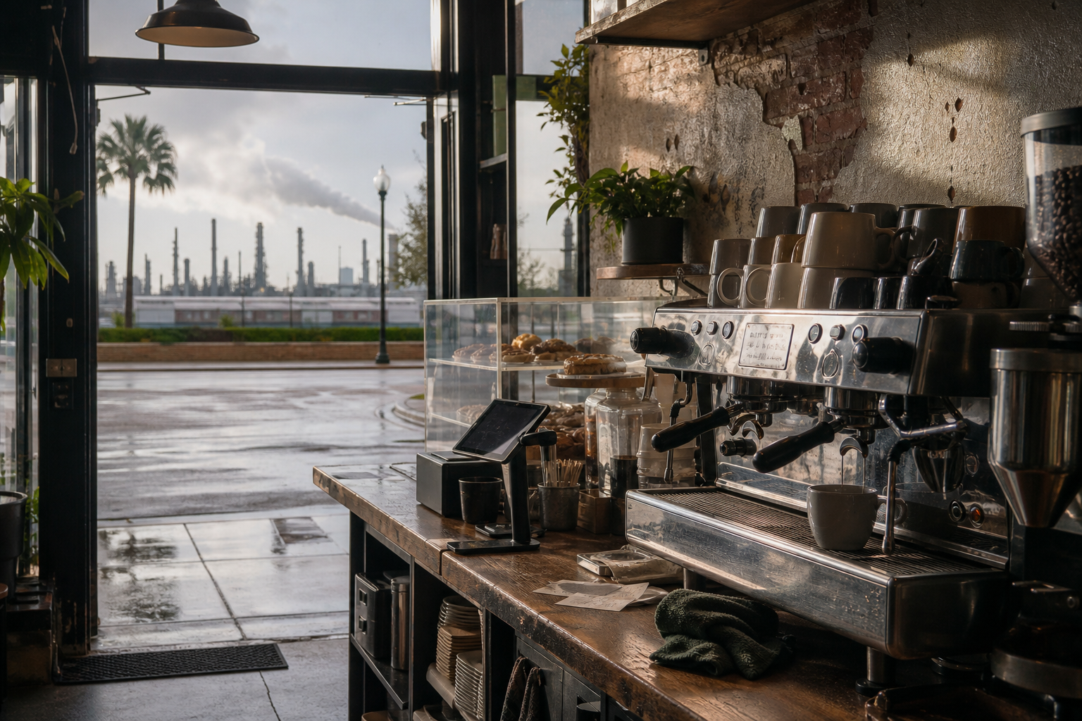 Independent Beaumont coffee shop interior with Hill Country morning light, chemex pour-over in the corner