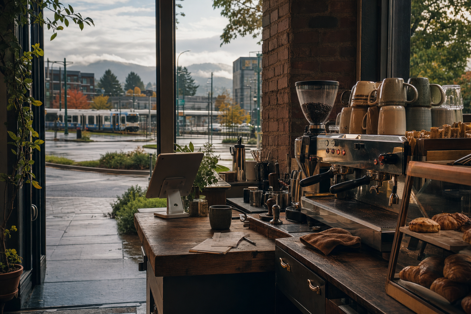 Independent Beaverton coffee shop interior with fog-filtered morning light, drip station in the middle distance