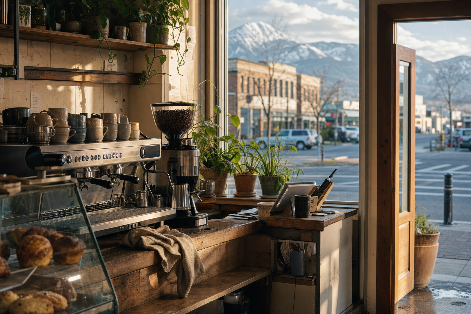 Independent Belgrade coffee shop interior with Rocky Mountain morning light, pastry case in the foreground