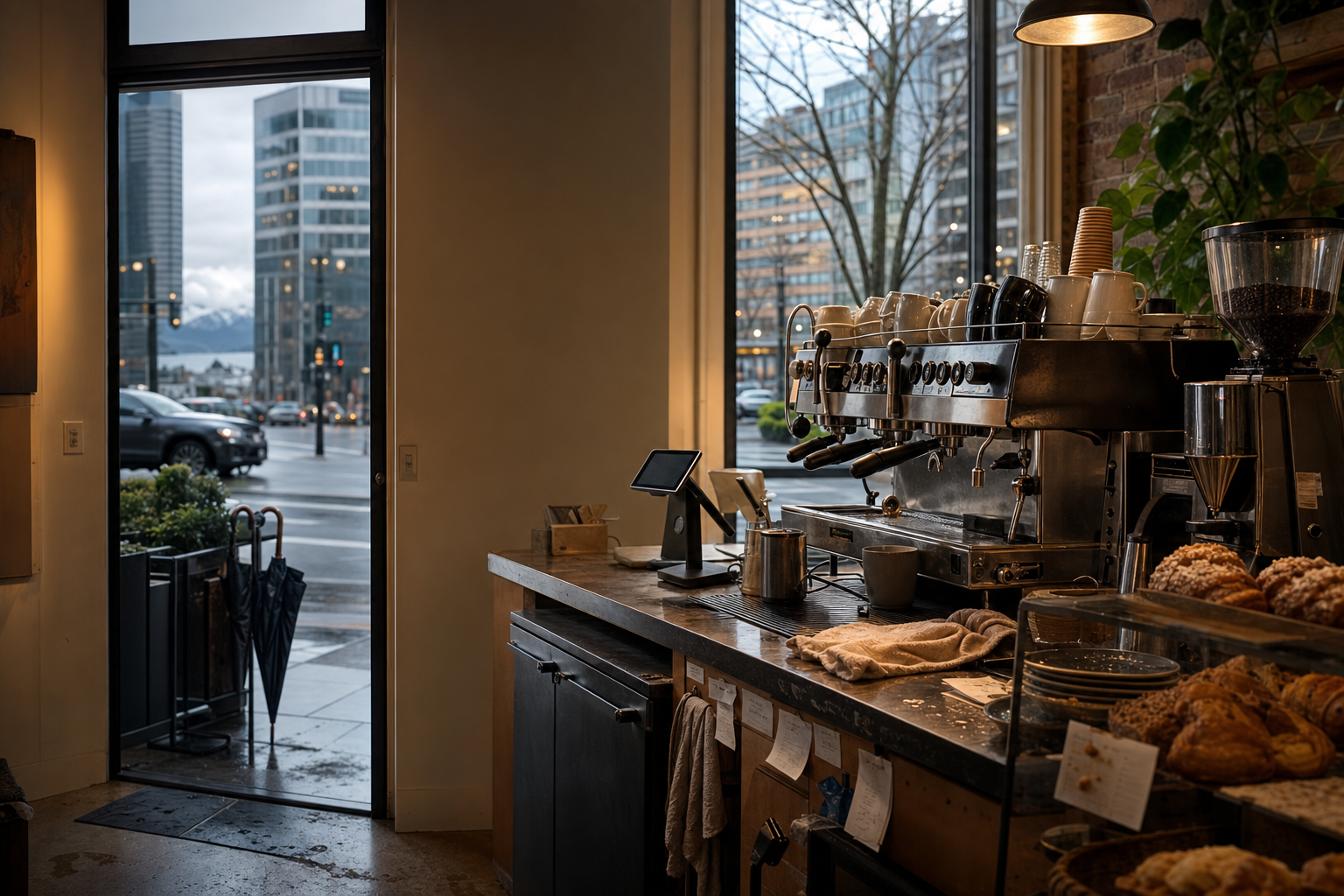 Independent Bellevue coffee shop interior with fog-filtered morning light, pastry case in the foreground