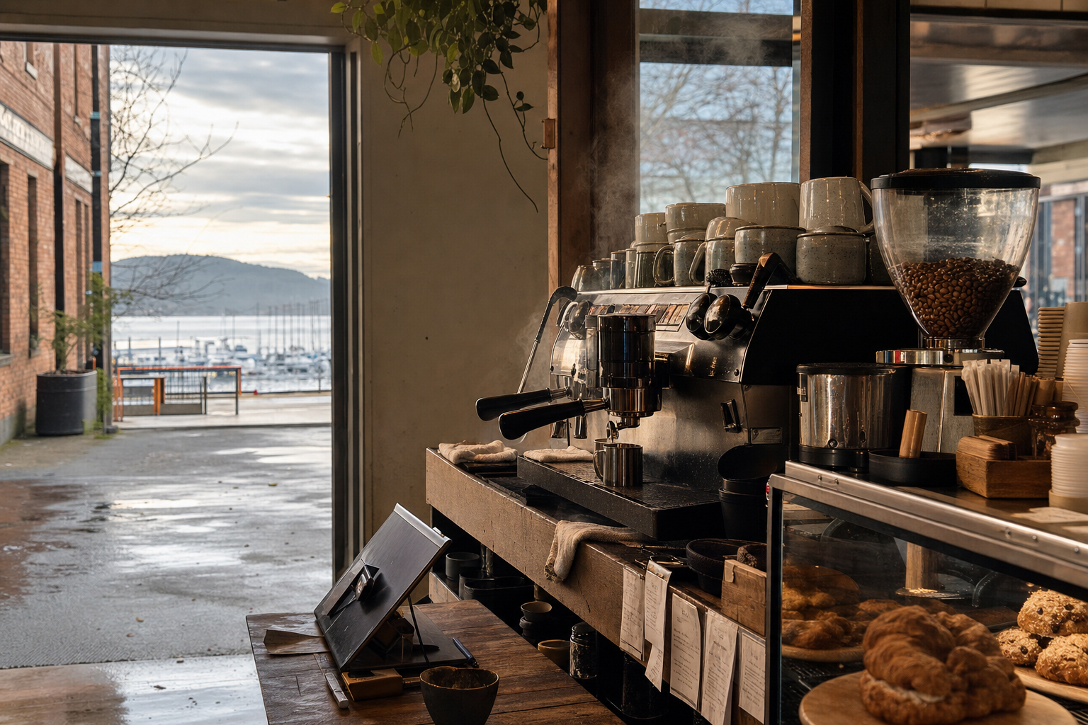 Independent Bellingham coffee shop interior with fog-filtered morning light, chemex pour-over in the foreground