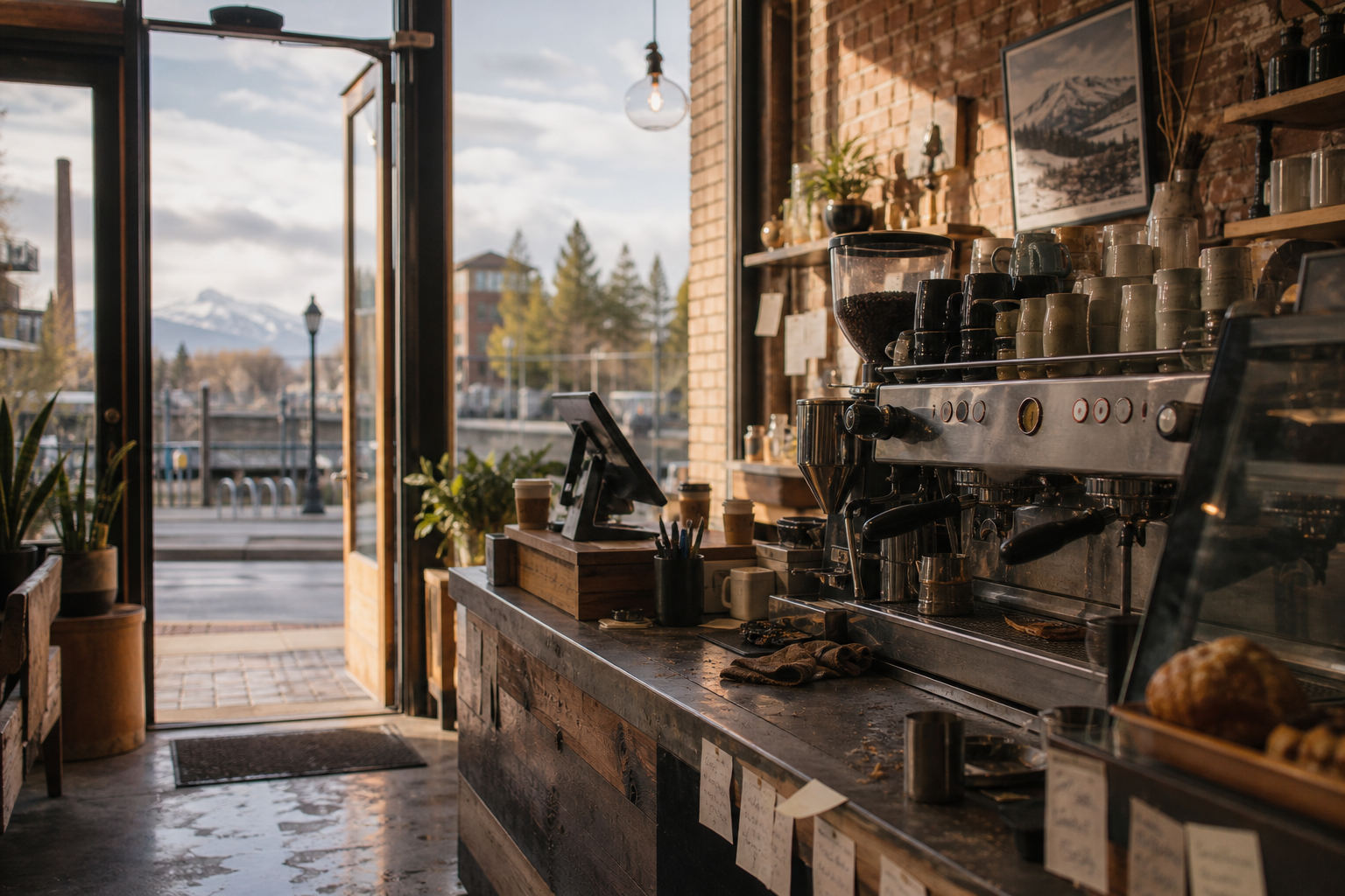 Independent Bend coffee shop interior with fog-filtered morning light, drip station in the corner