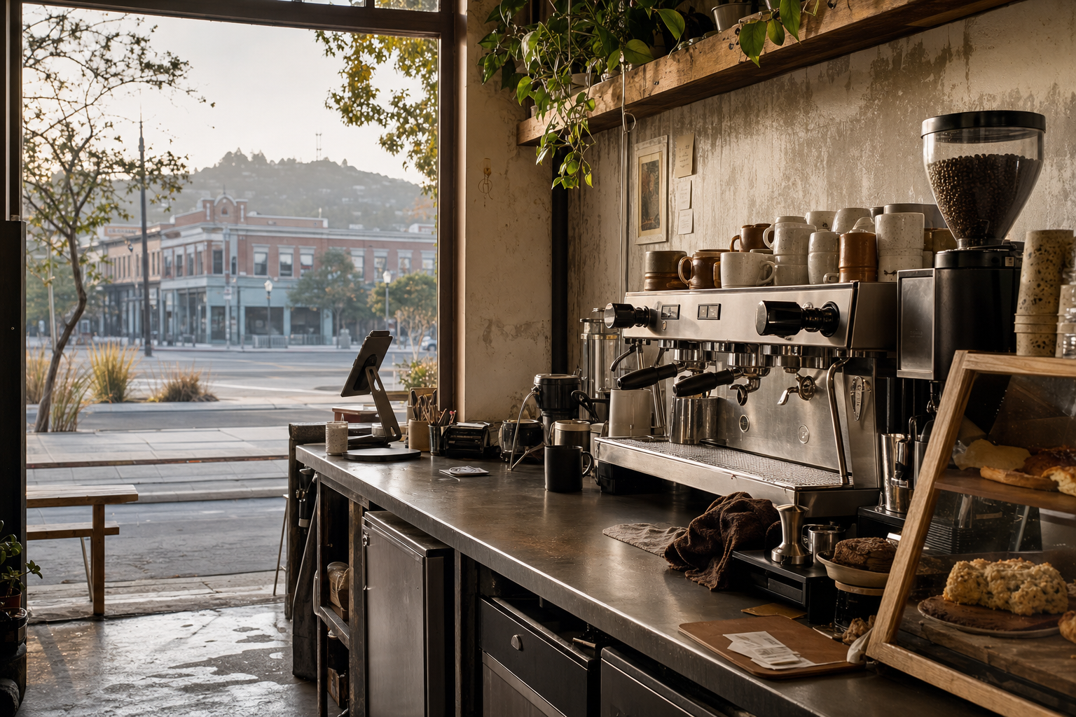 Independent Berkeley coffee shop interior with Pacific morning light, chemex pour-over in the foreground