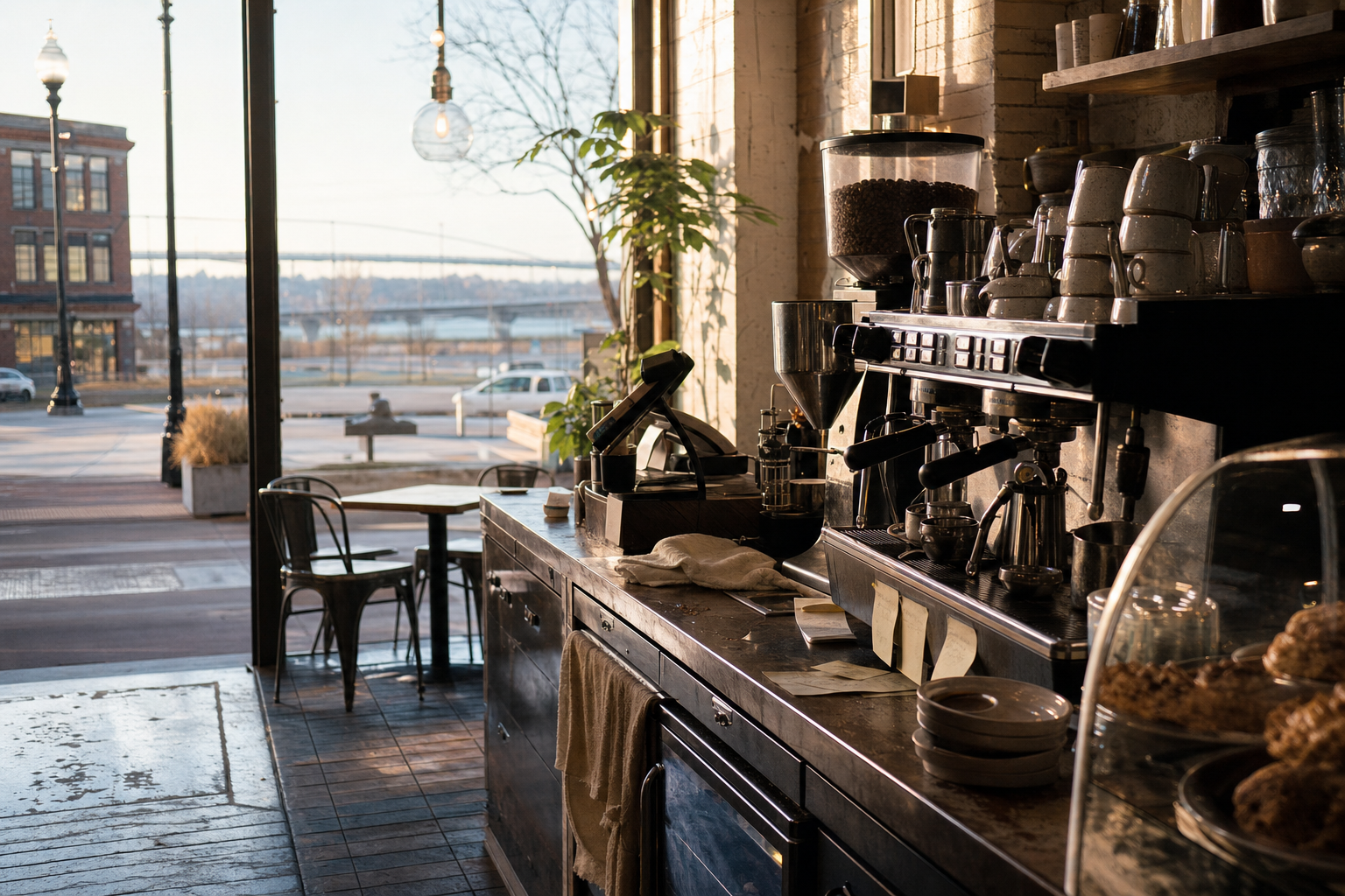 Independent Bettendorf coffee shop interior with Midwest hardwood morning light, pastry case in the foreground