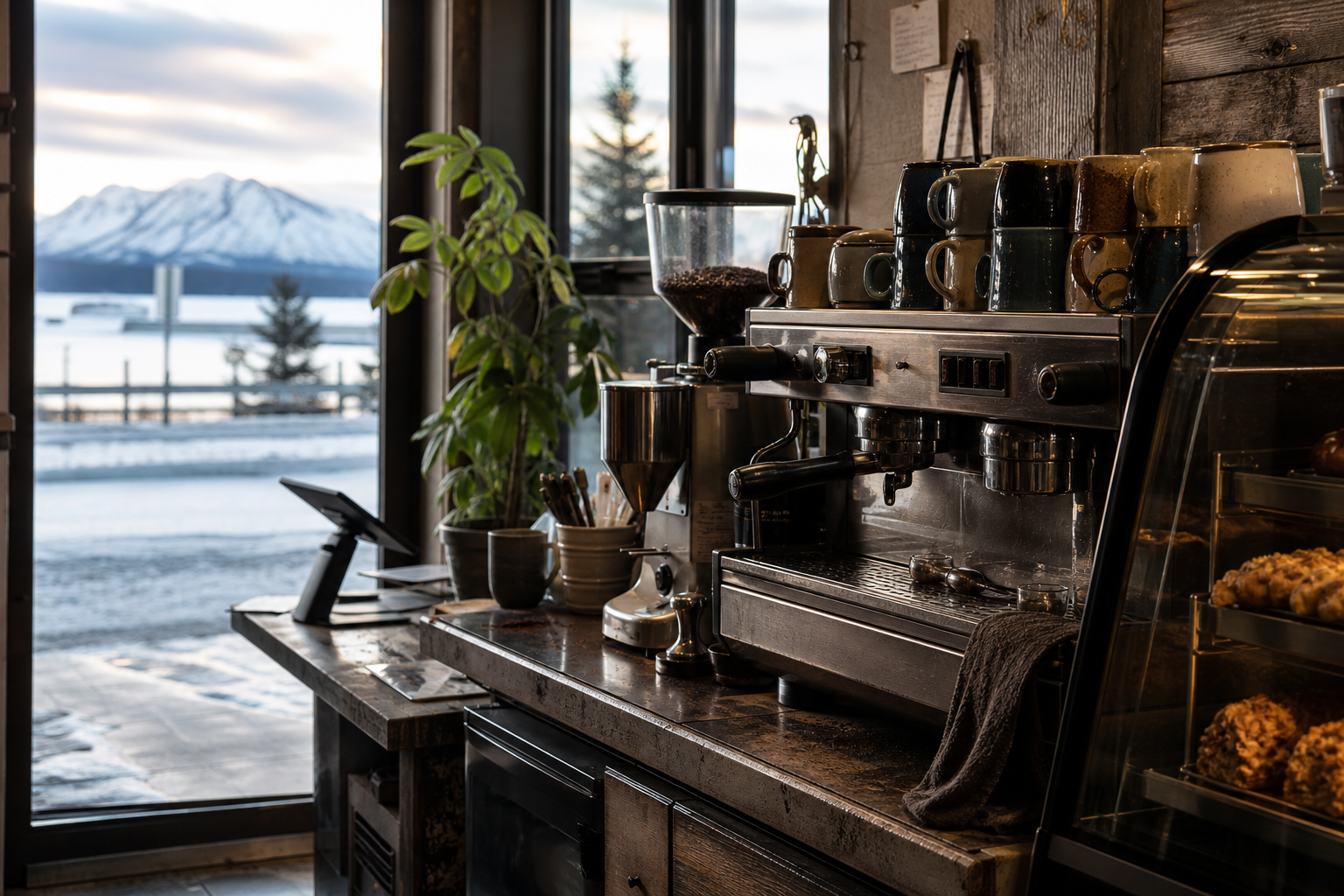 Independent Big Lake coffee shop interior with fog-filtered coastal morning light, chemex pour-over in the middle distance
