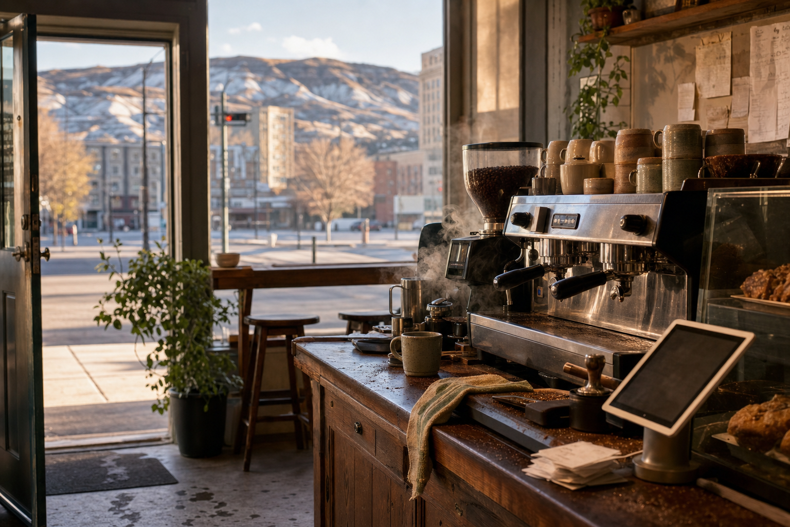 Independent Billings coffee shop interior with Rocky Mountain morning light, espresso machine in the corner
