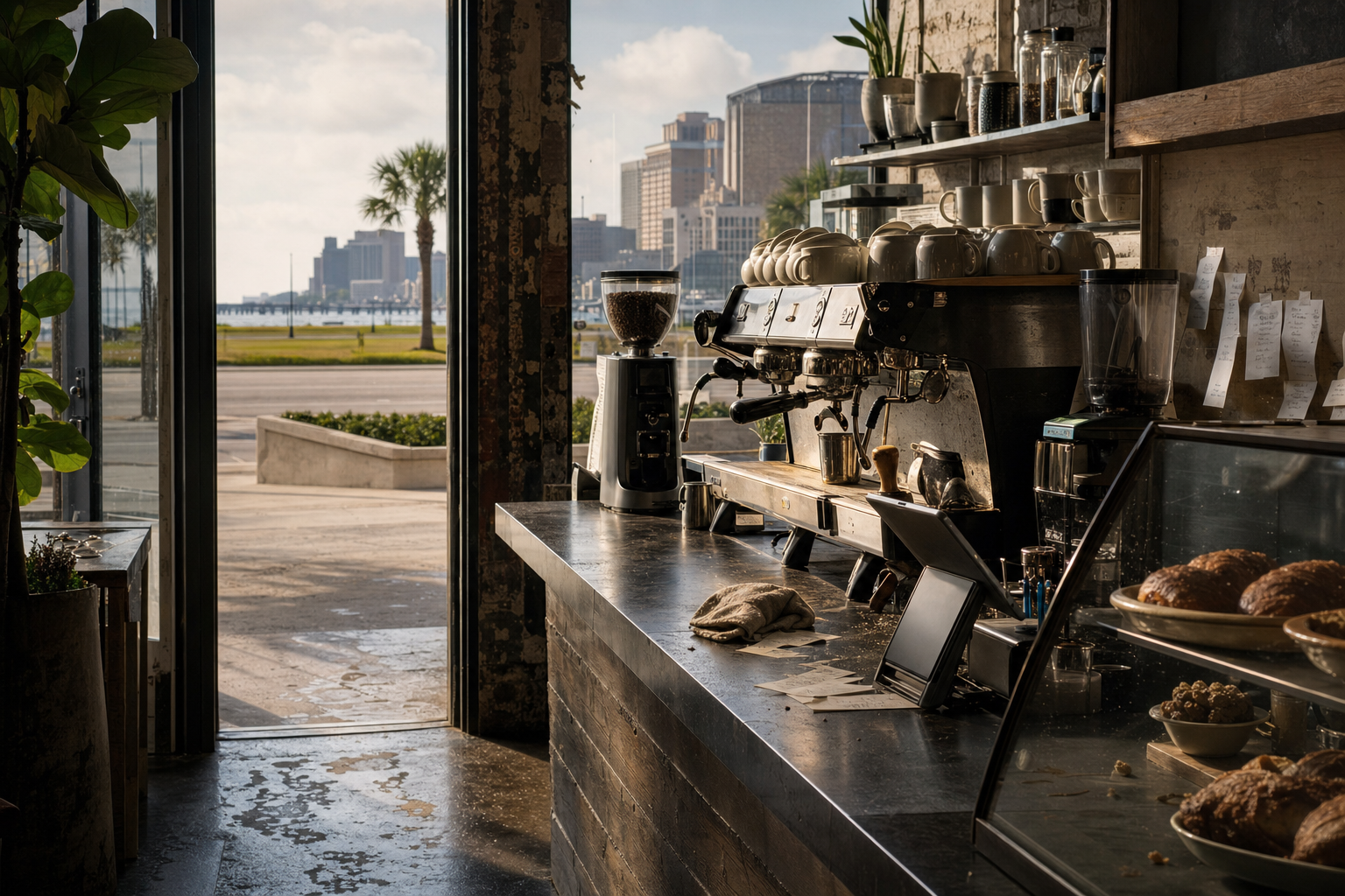 Independent Biloxi coffee shop interior with humid Southern morning light, pastry case in the middle distance
