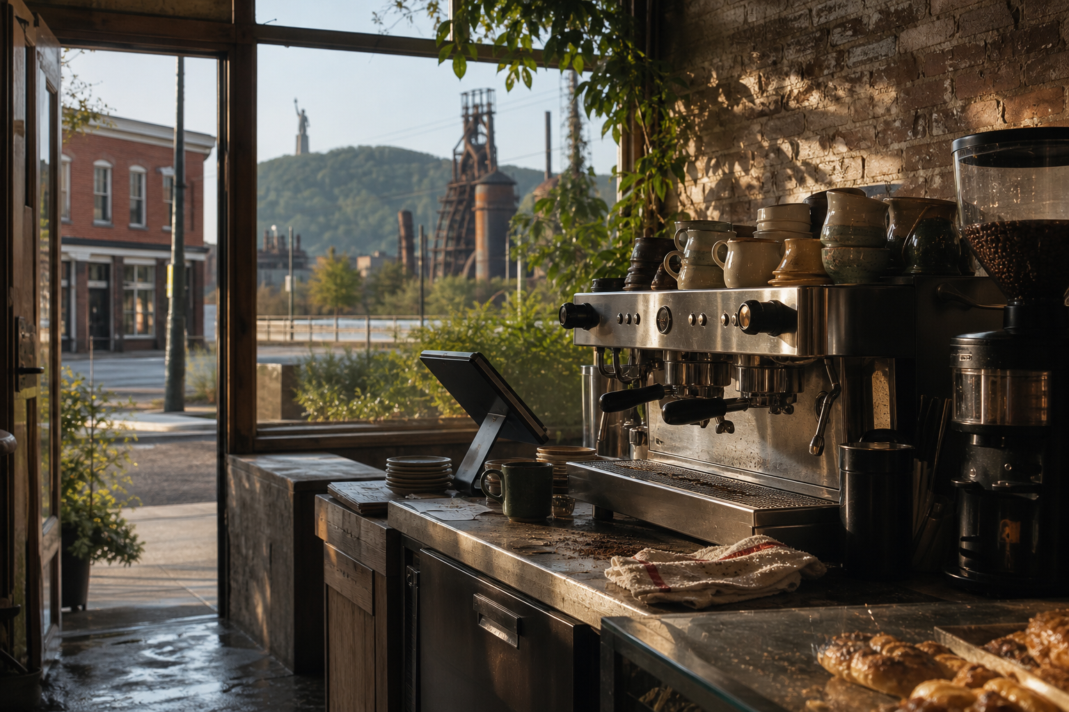 Independent Birmingham coffee shop interior with humid Southern morning light, chemex pour-over in the middle distance