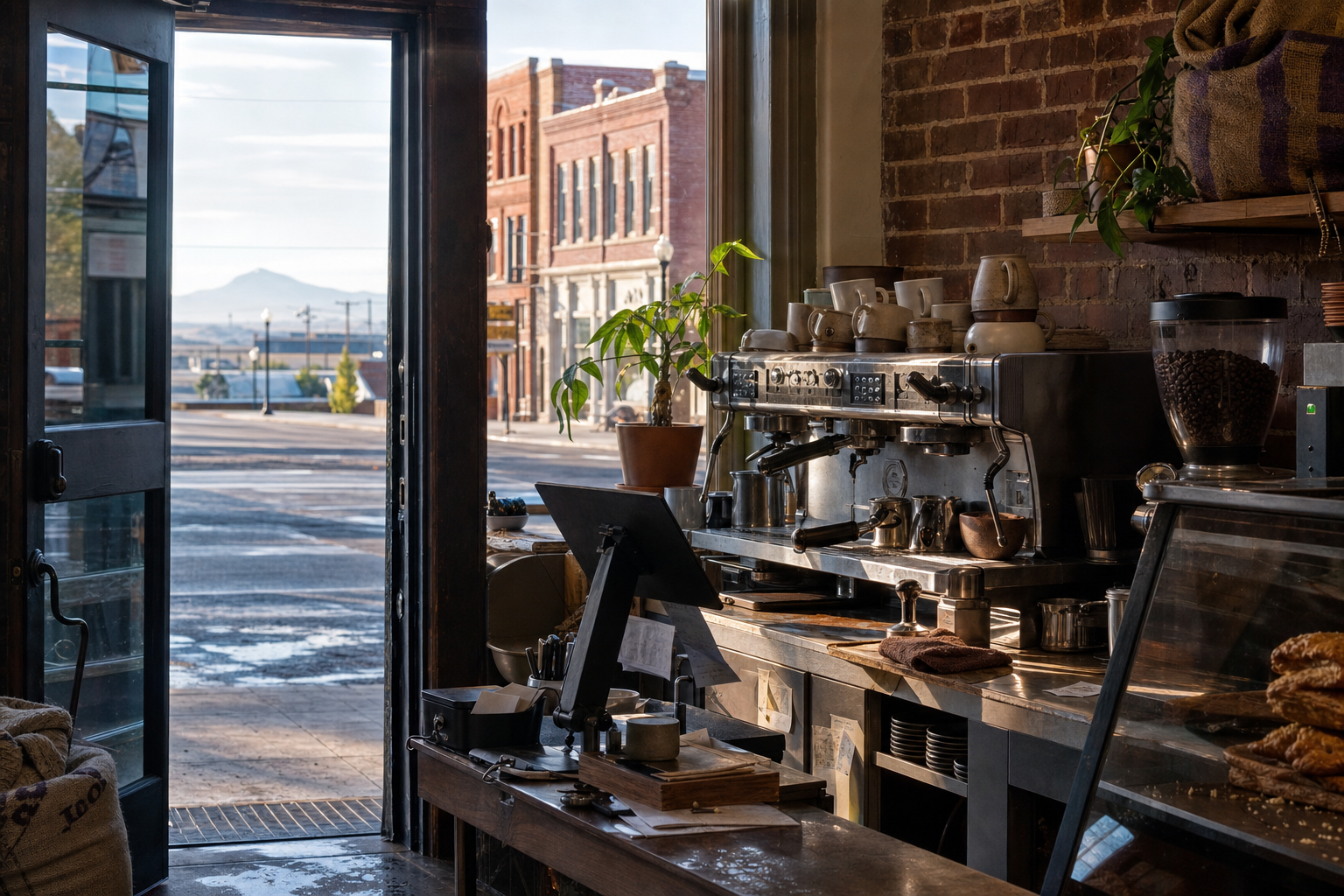 Independent Blackfoot coffee shop interior with high-desert morning light, chemex pour-over in the middle distance