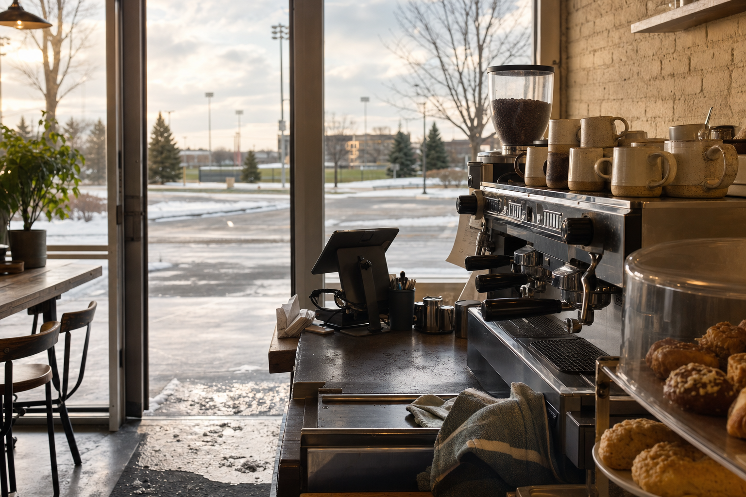 Independent Blaine coffee shop interior with Midwest hardwood morning light, pastry case in the foreground