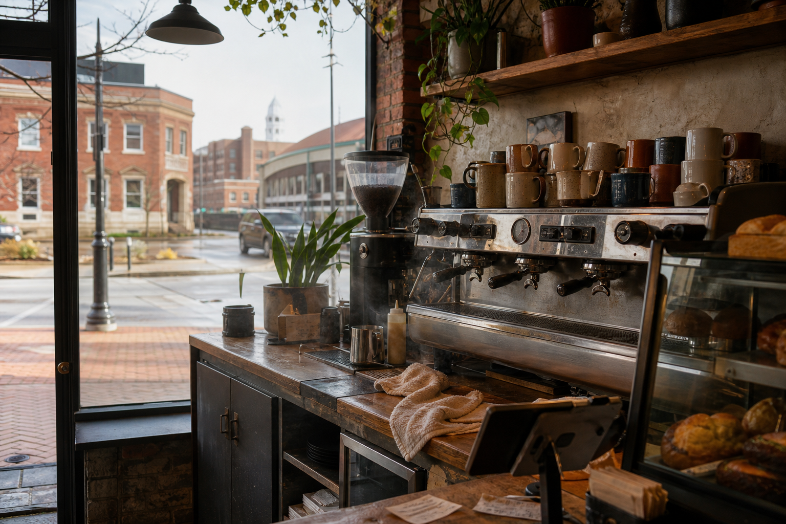 Independent Bloomington coffee shop interior with Midwest hardwood morning light, drip station in the foreground