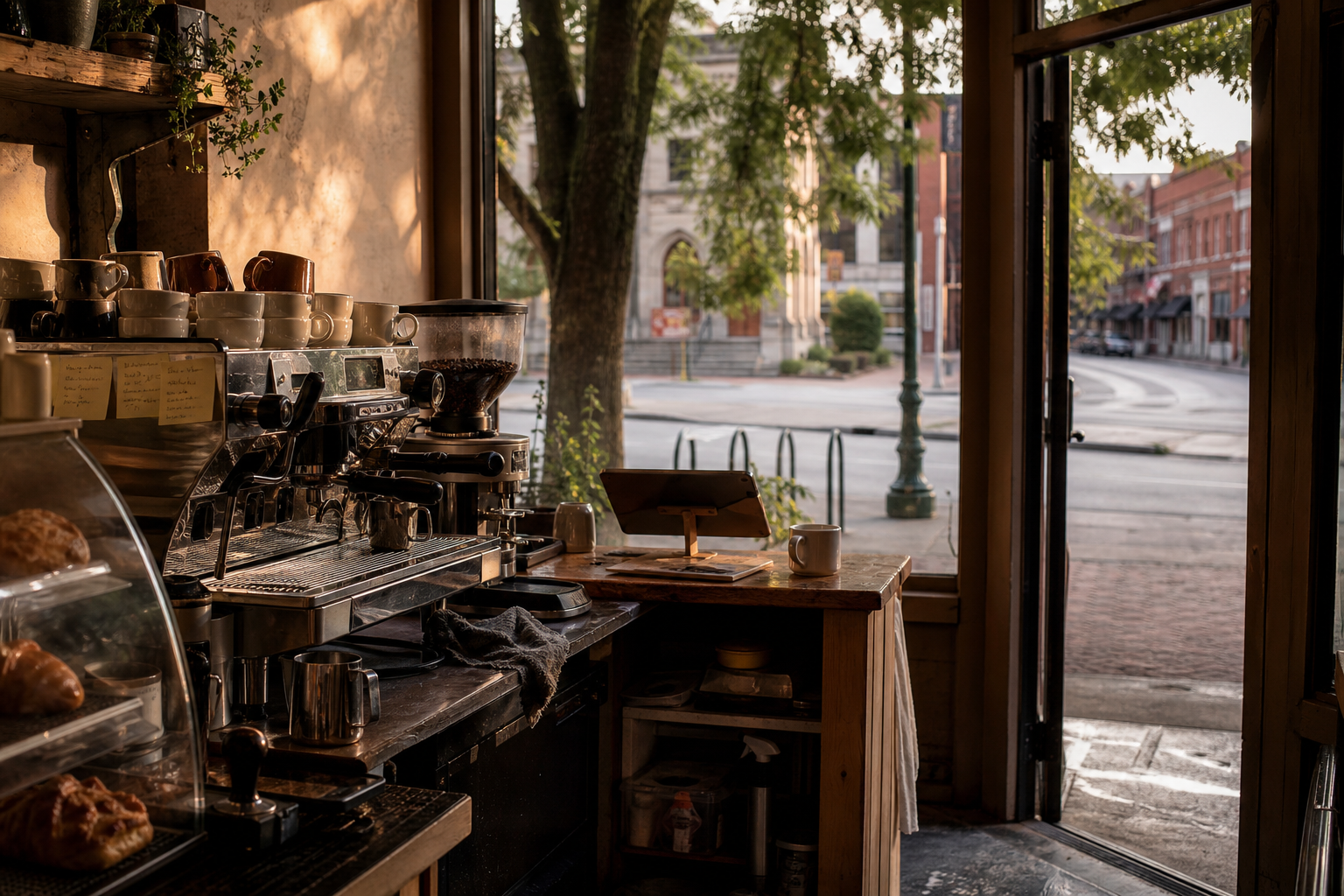 Independent Bloomington coffee shop interior with Midwest hardwood morning light, chemex pour-over in the corner