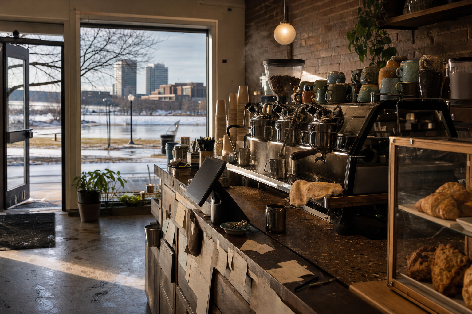 Bloomington coffee shop interior with MN morning light around the espresso bar.