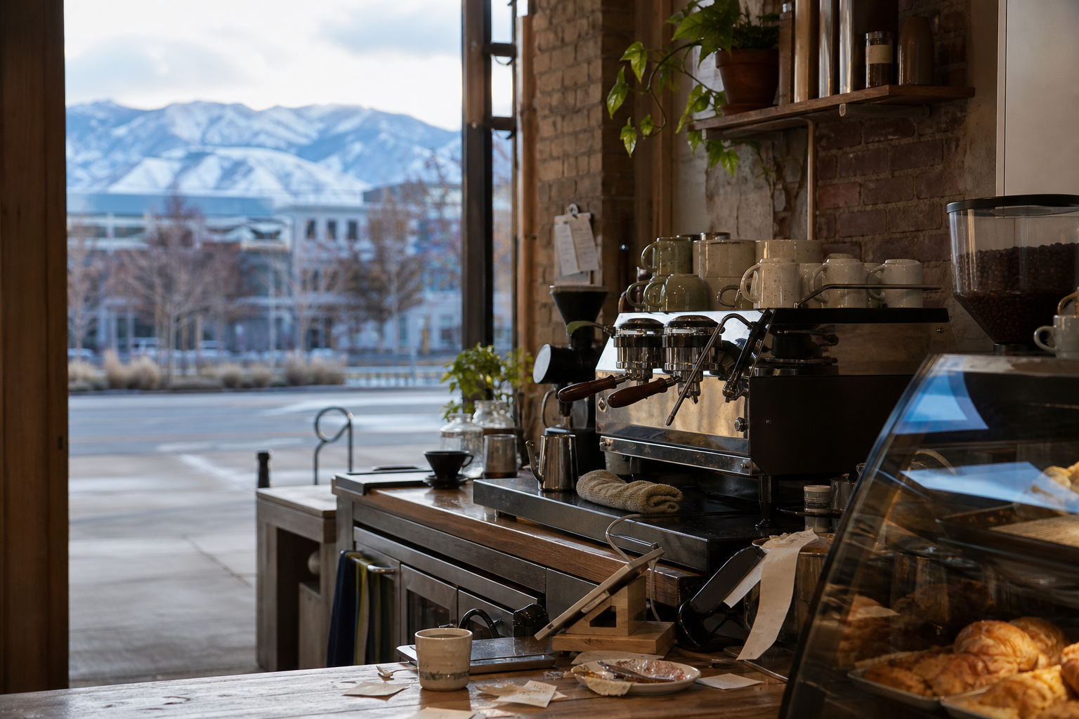 Boise coffee shop interior with ID morning light around the espresso bar.