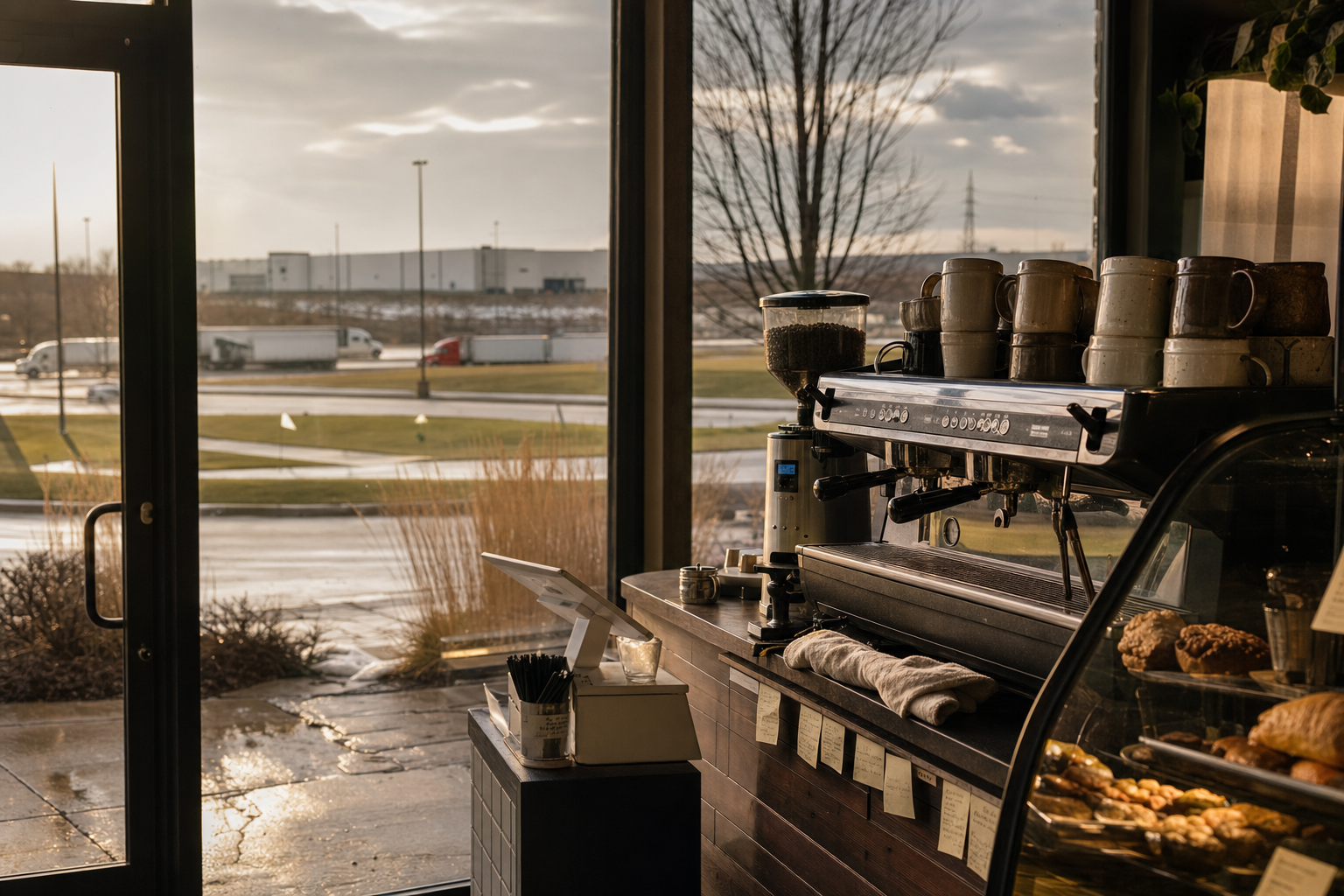 Independent Bolingbrook coffee shop interior with Midwest hardwood morning light, espresso machine in the corner