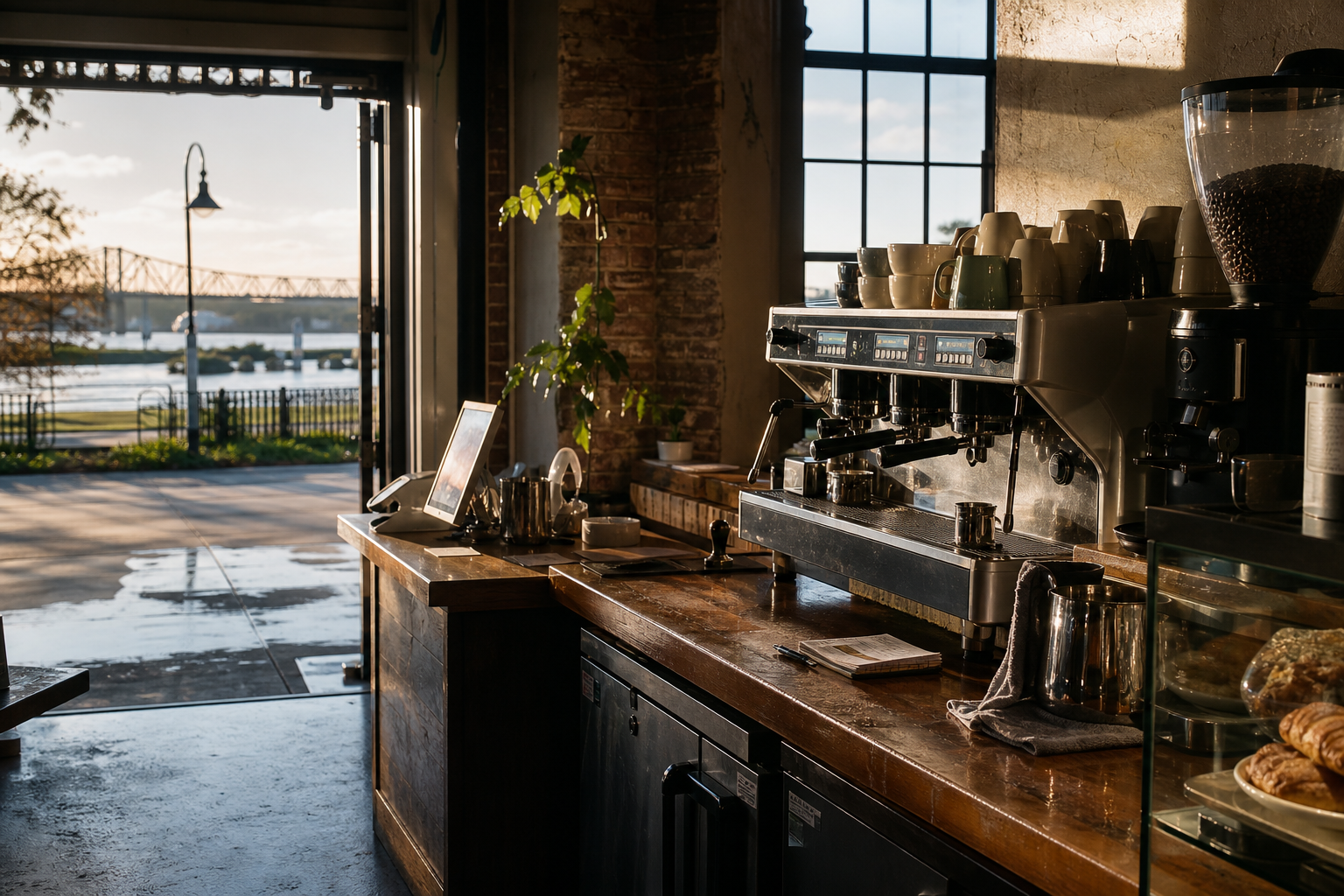 Independent Bossier City coffee shop interior with humid Gulf morning light, pastry case in the corner