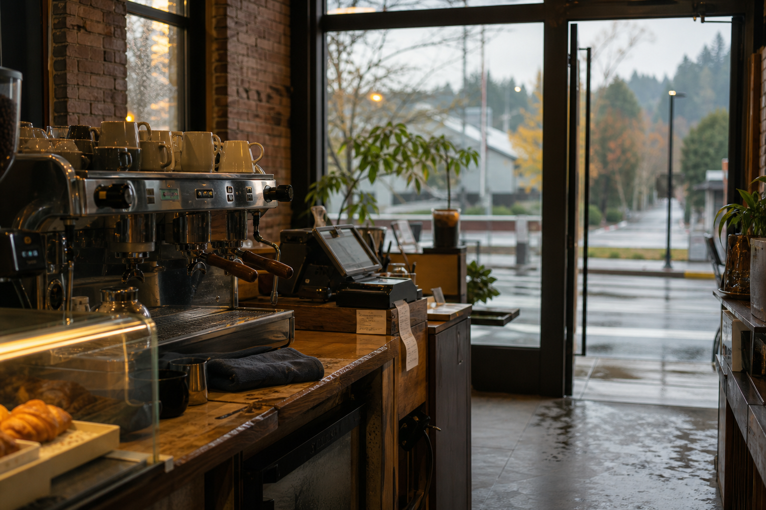 Independent Bothell coffee shop interior with fog-filtered morning light, drip station in the middle distance