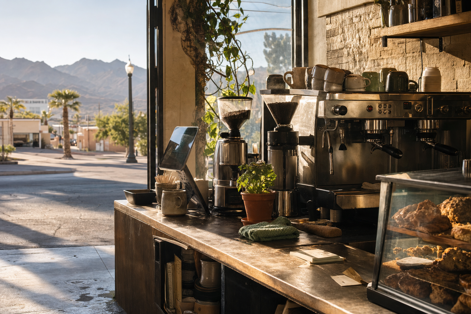Boulder City coffee shop interior with NV morning light around the espresso bar.