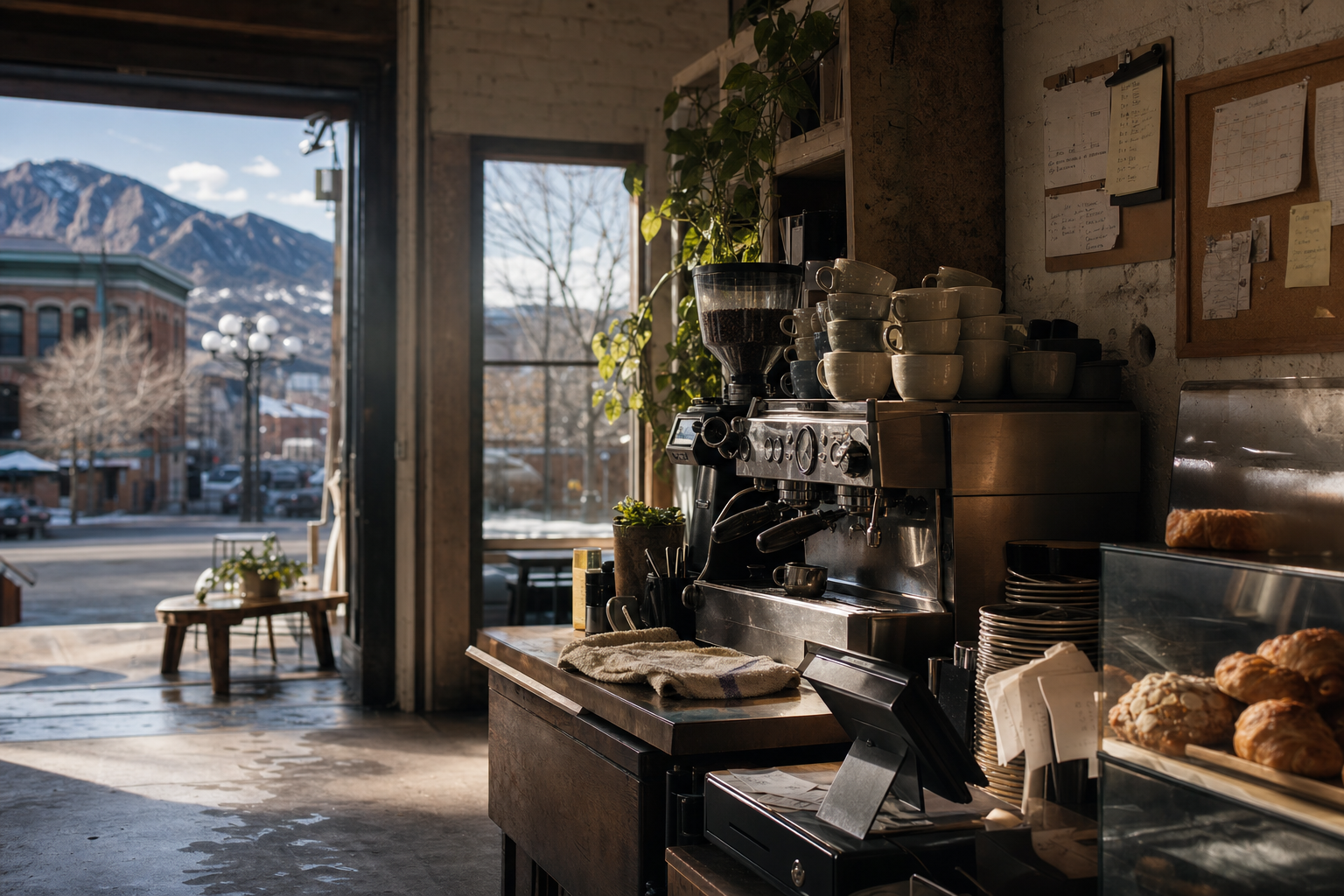 Boulder coffee shop interior with CO morning light around the espresso bar.