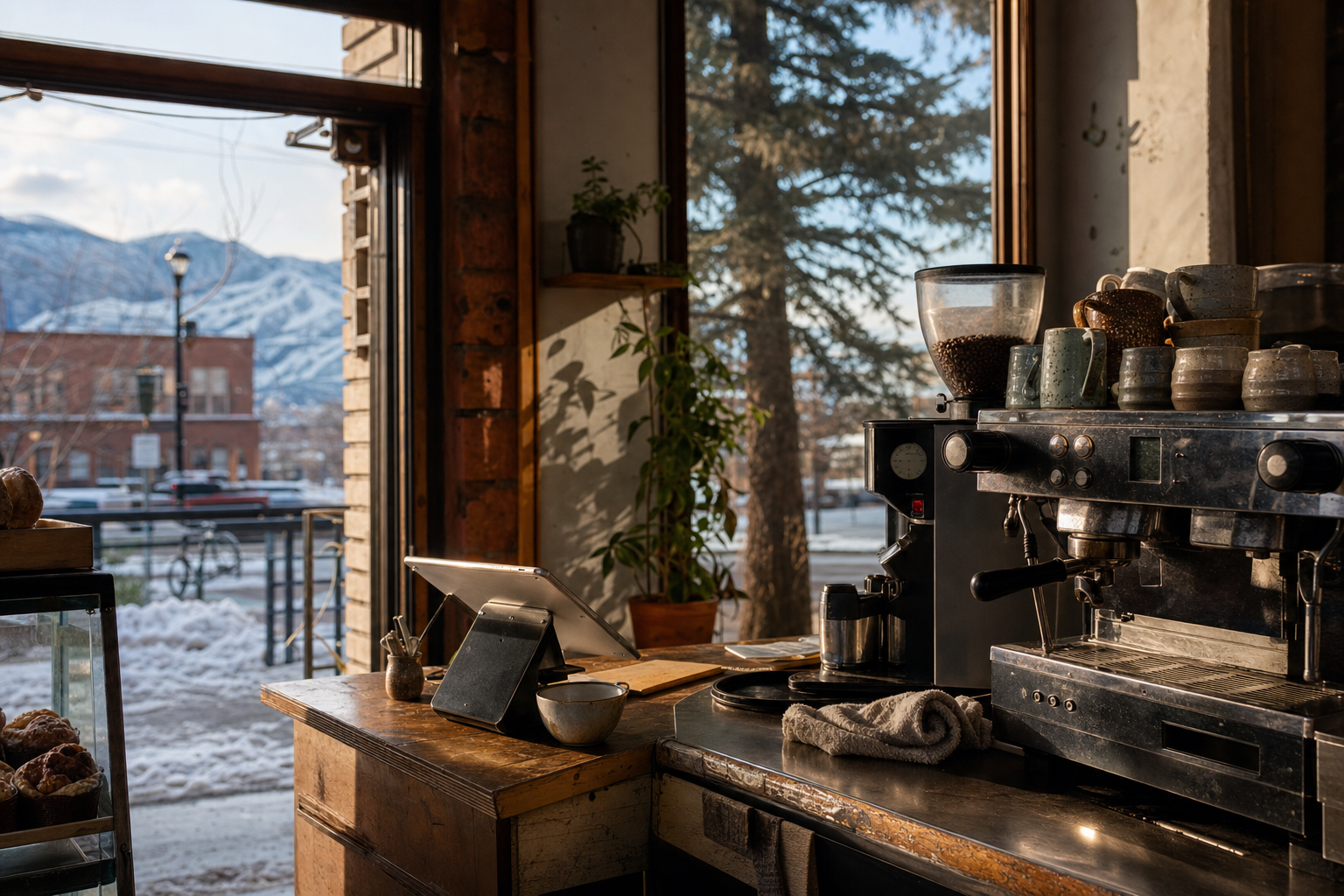 Independent Bozeman coffee shop interior with Rocky Mountain morning light, chemex pour-over in the corner