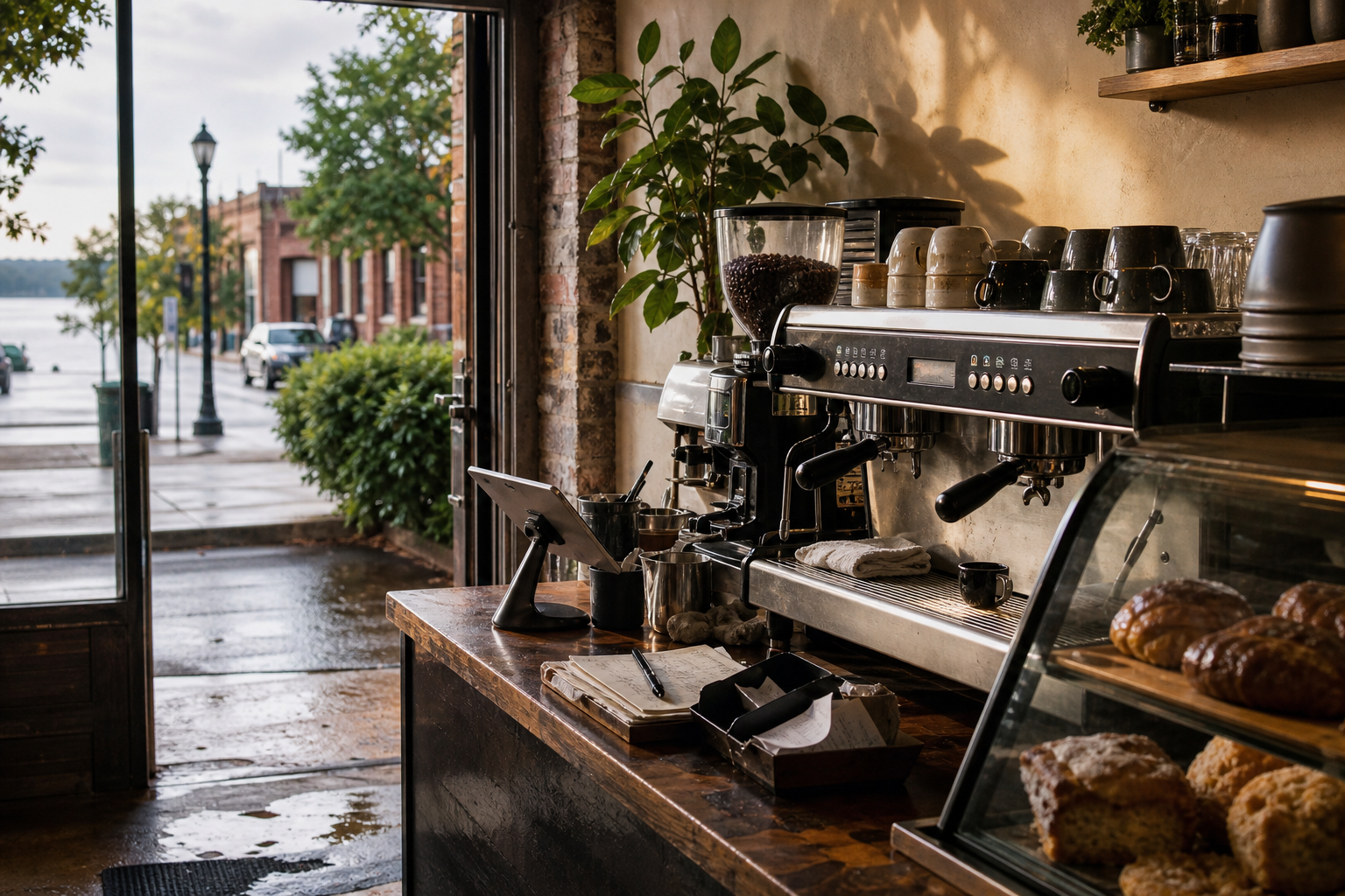 Independent Brandon coffee shop interior with humid Southern morning light, espresso machine in the foreground